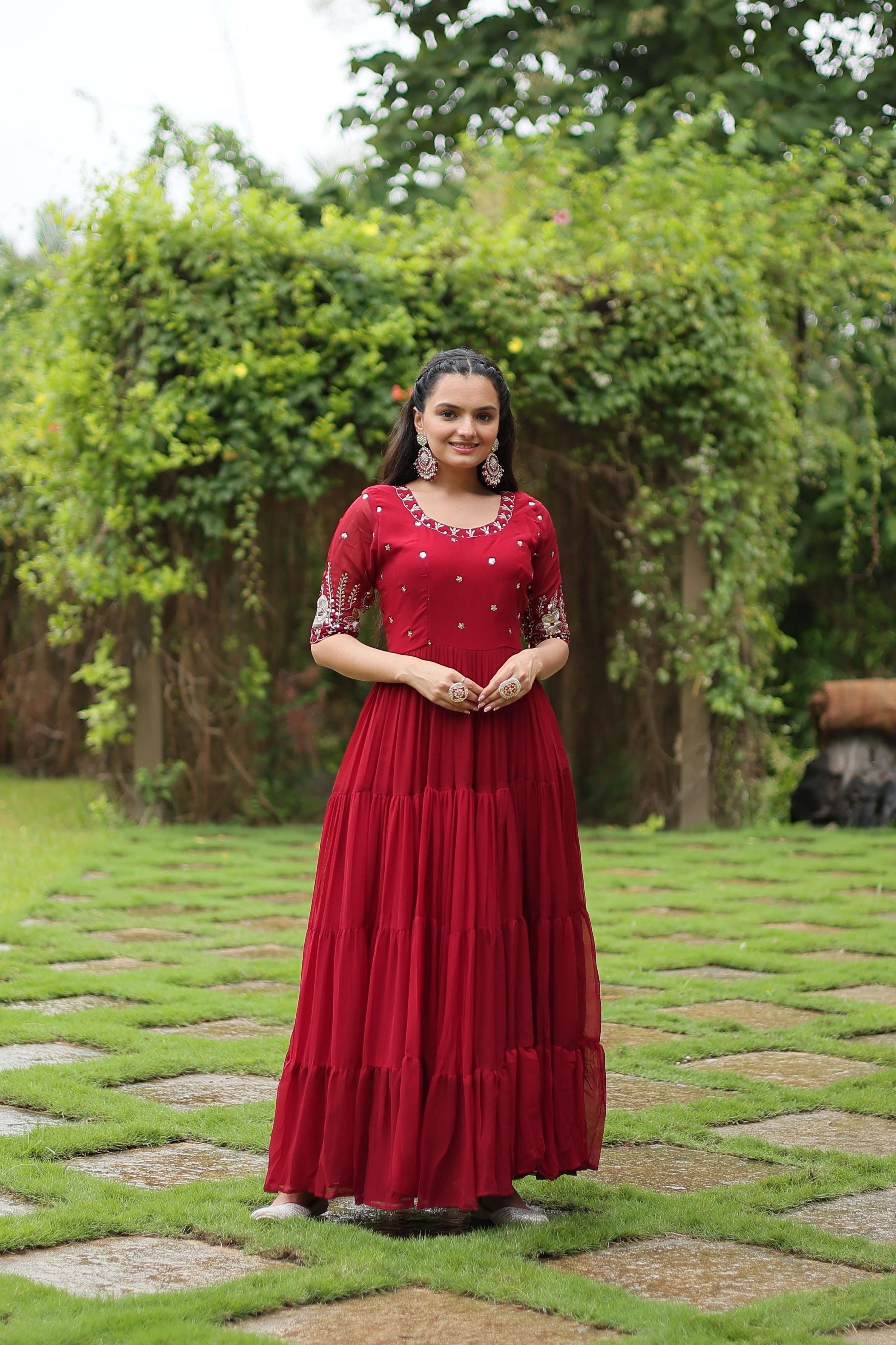 Teeya Creation Maroon Color Faux Georgette Embroidery Sequence Work Fully Stitched Gown