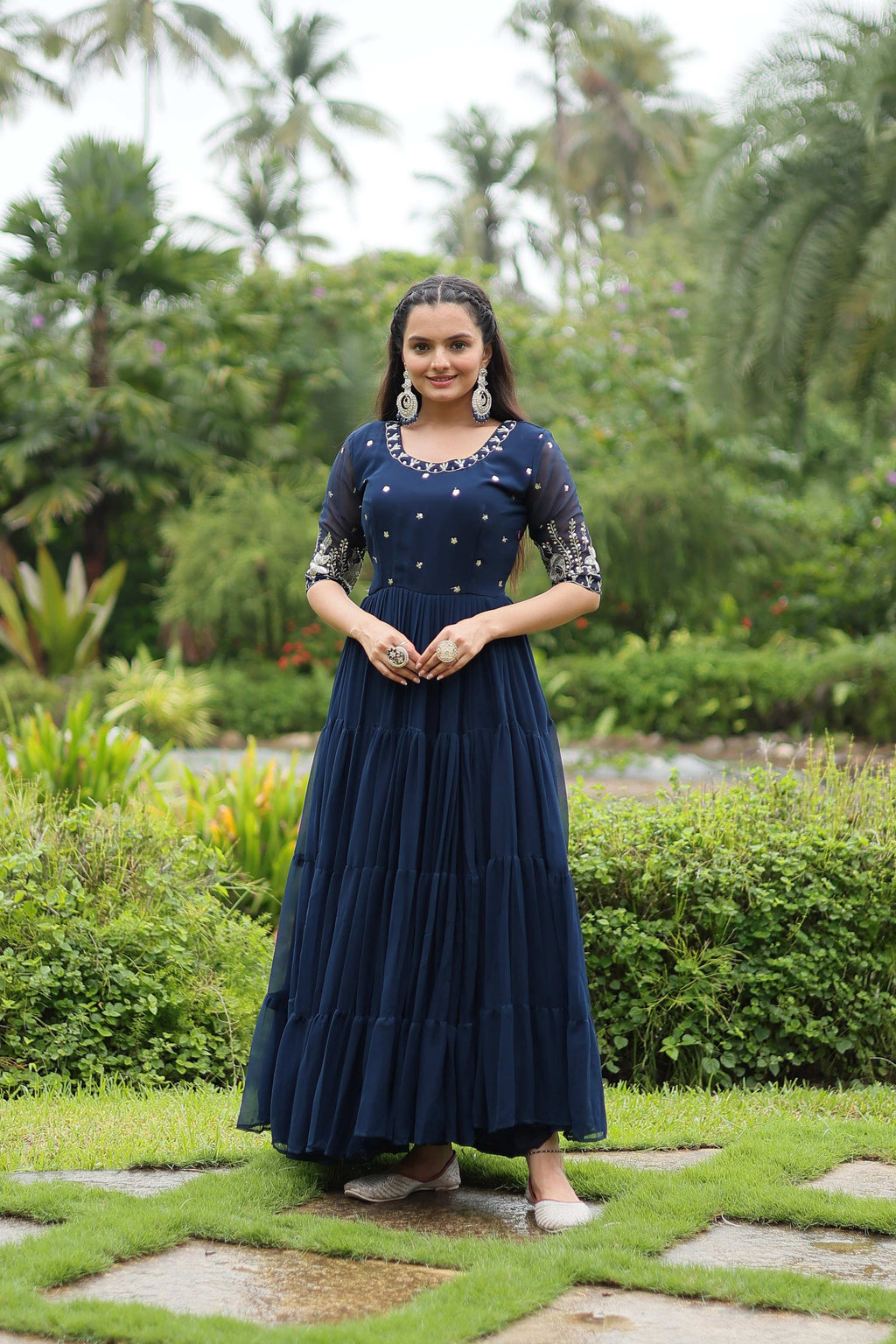 Teeya Creation Morpich Color Faux Georgette Embroidery Sequence Work Fully Stitched Gown