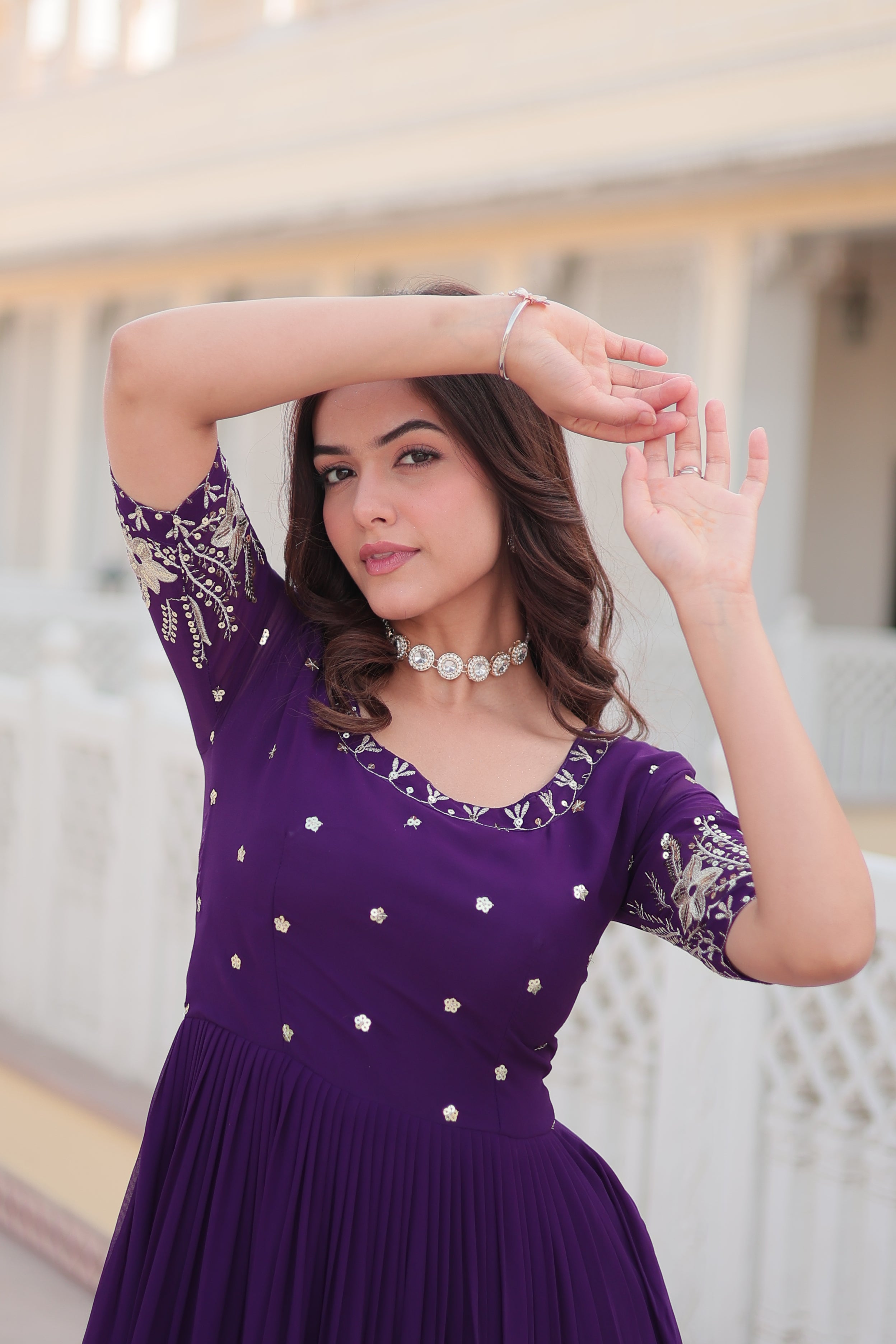 Teeya Creation Purple Color Faux Georgette Embroidery Sequence Work Fully Stitched Gown