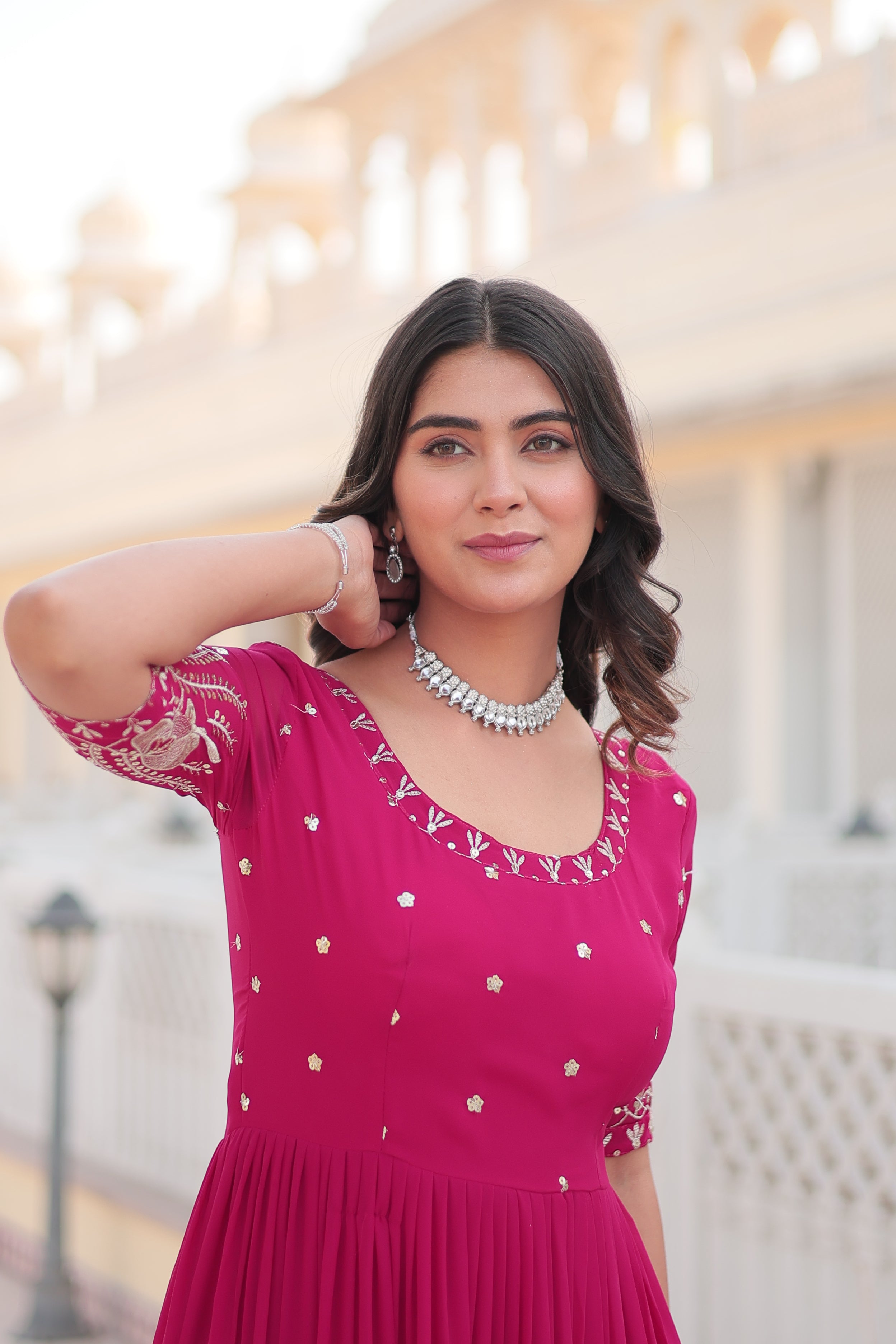 Teeya Creation Pink Color Faux Georgette Embroidery Sequence Work Fully Stitched Gown