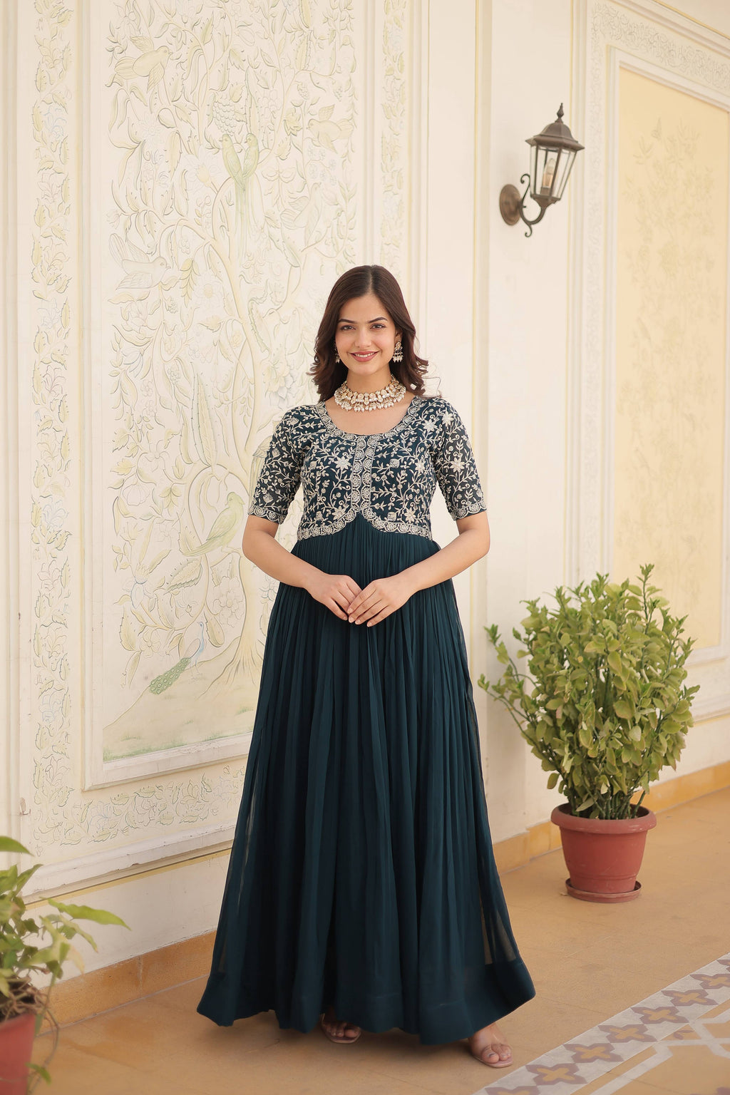 Teeya Creation Rama Color Faux Georgette Embroidery Sequence Work Fully Stitched Gown