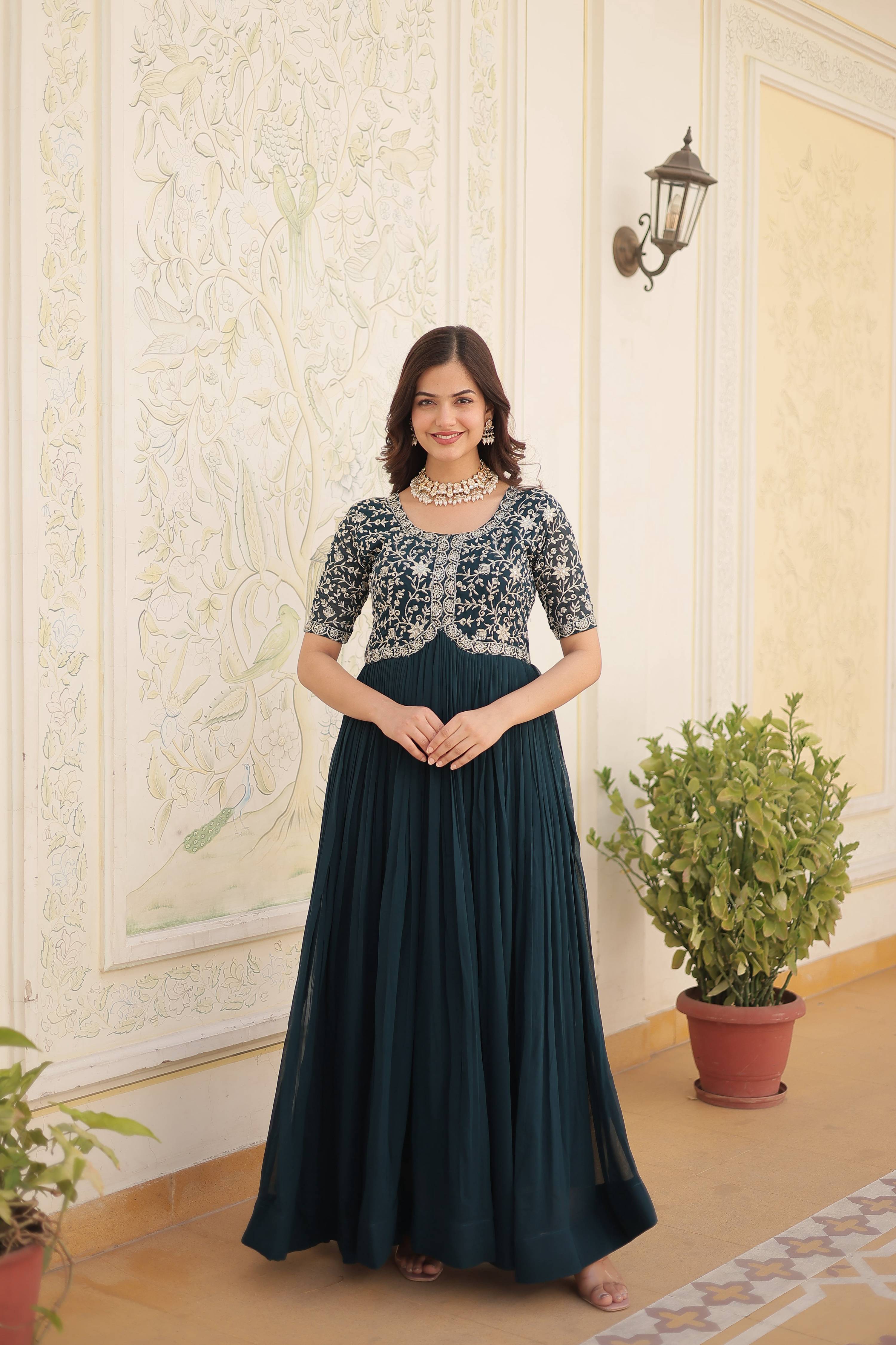 Teeya Creation Rama Color Faux Georgette Embroidery Sequence Work Fully Stitched Gown