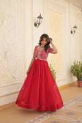 Teeya Creation Red Color Faux Georgette Embroidery Sequence Work Fully Stitched Gown