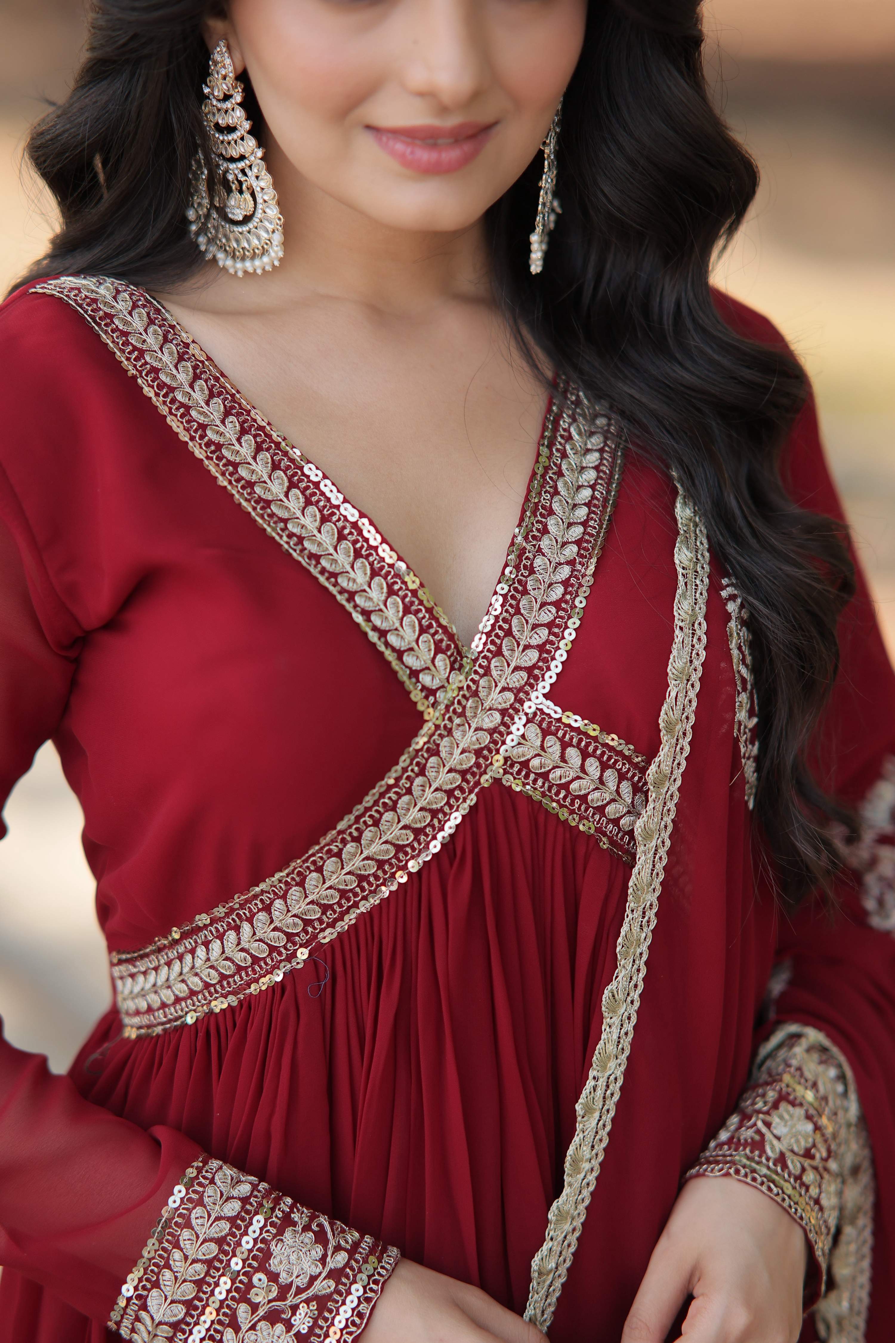 Teeya Creation Maroon Color Faux Georgette Zari Embroidery Work Fully Stitched Anarkali Gown