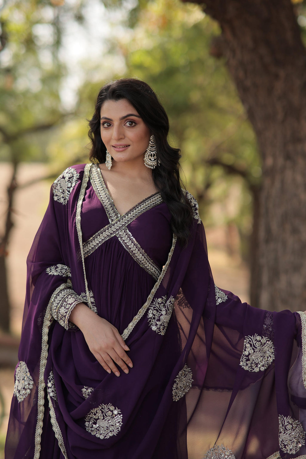 Teeya Creation Purple Color Faux Georgette Zari Embroidery Work Fully Stitched Anarkali Gown