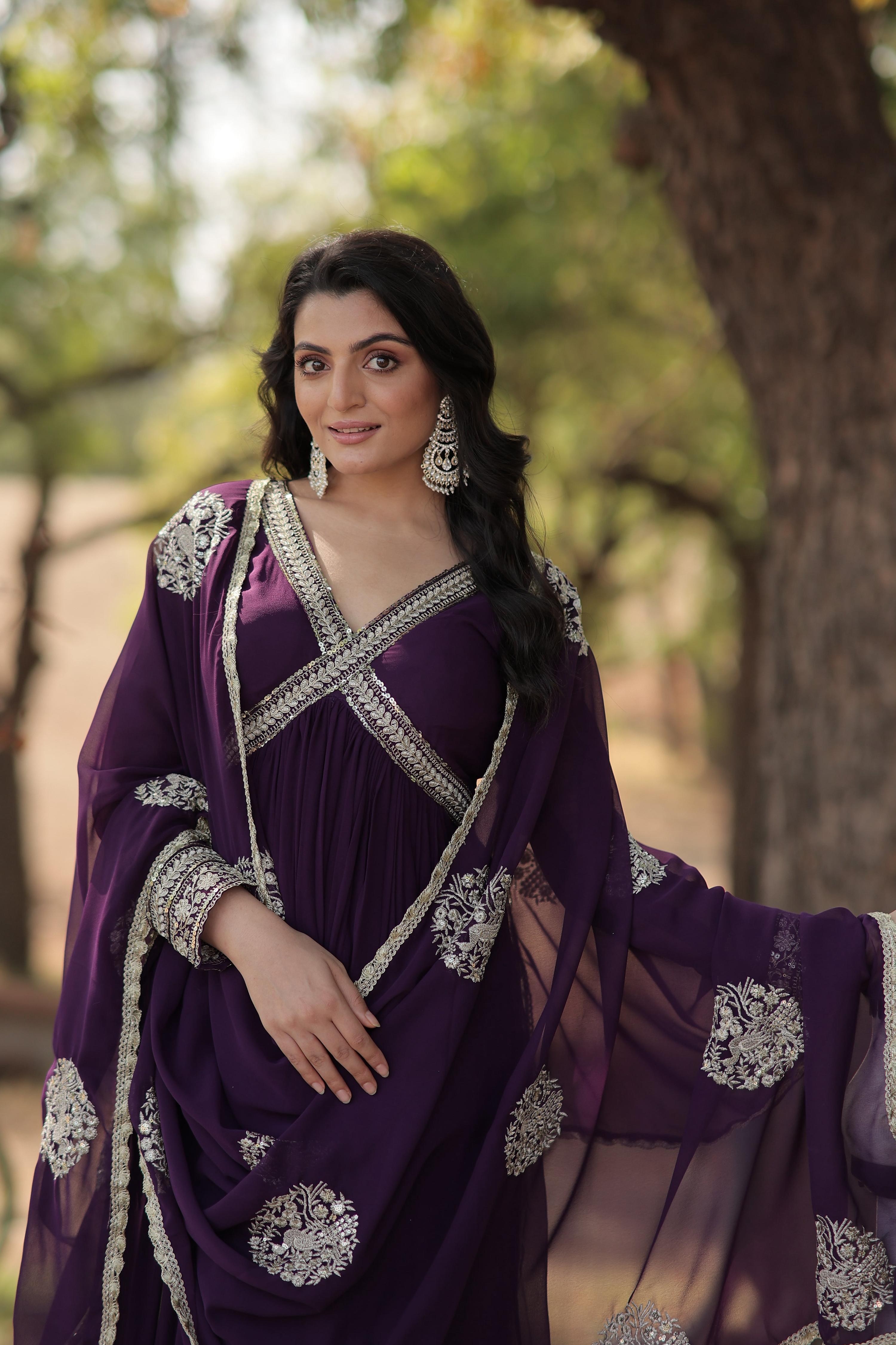 Teeya Creation Purple Color Faux Georgette Zari Embroidery Work Fully Stitched Anarkali Gown