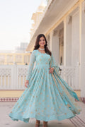 Teeya Creation Sky Color Faux Georgette Beautiful Embroidery Work Fully Stitched Gown