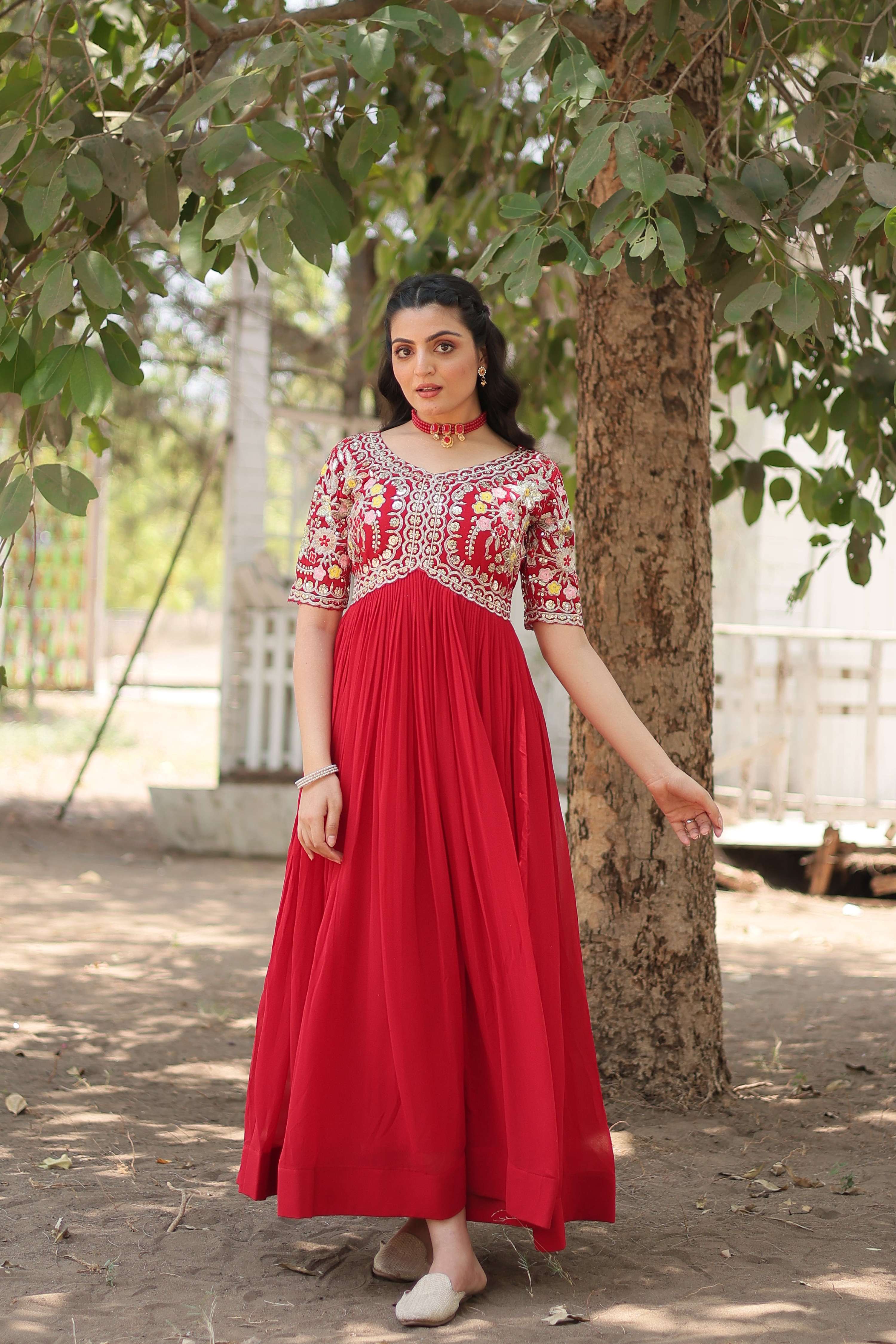 Teeya Creation Red Color Faux Georgette Embroidery Work Fully Stitched Kurti