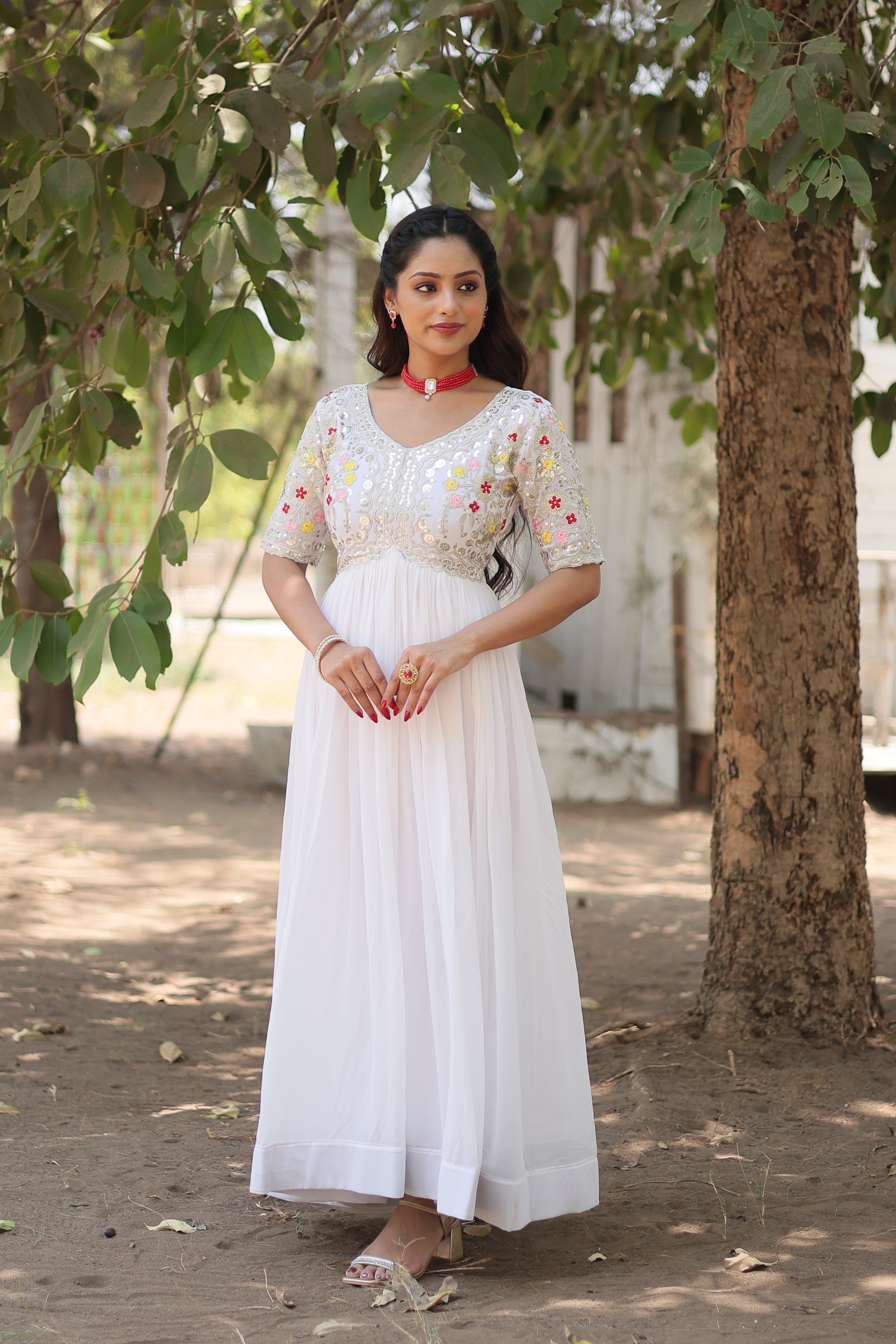 Teeya Creation White Color Faux Georgette Embroidery Work Fully Stitched Kurti
