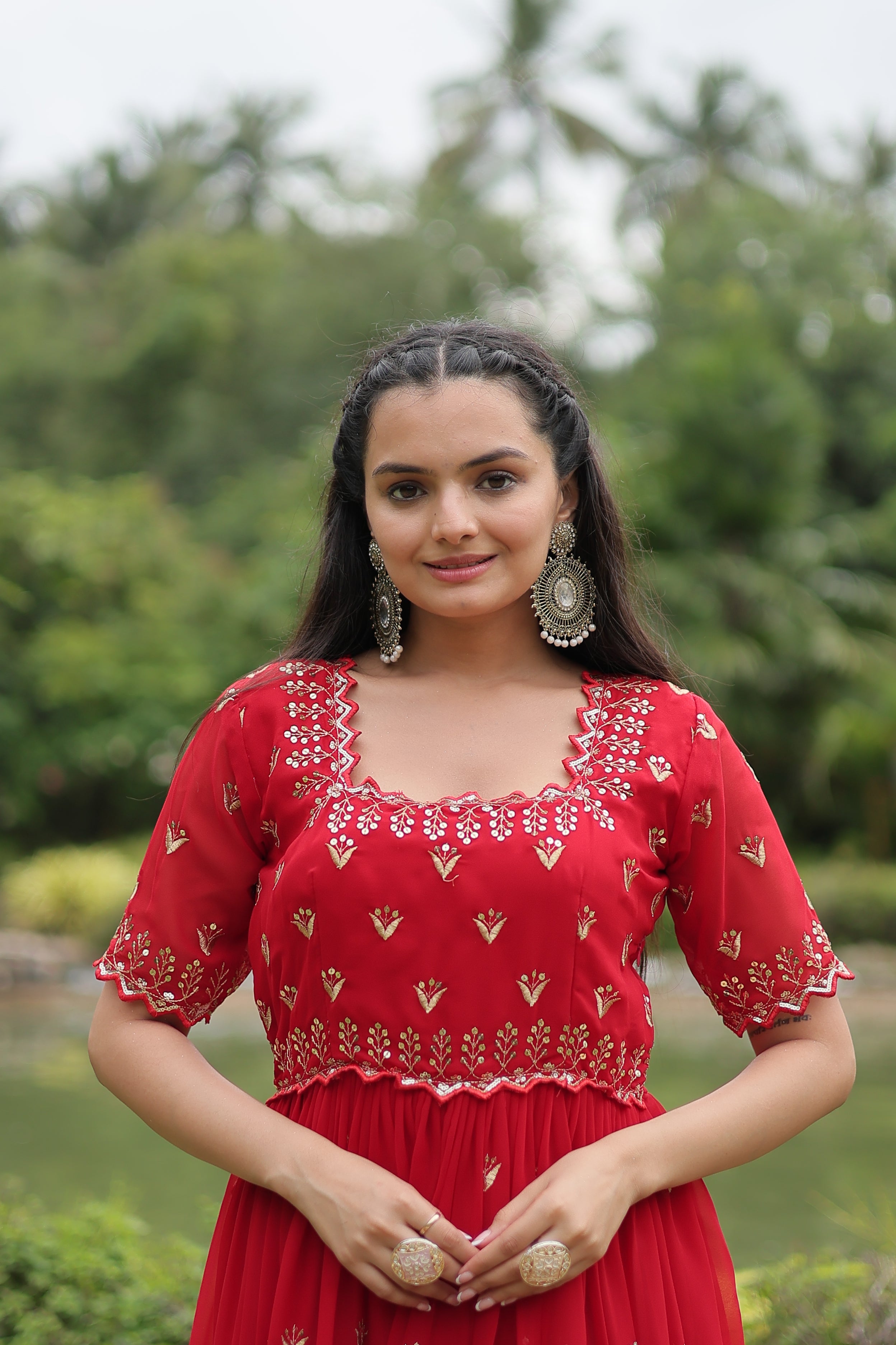 Teeya Creation Red Color Faux Georgette Embroidery Work Fully Stitched Kurti