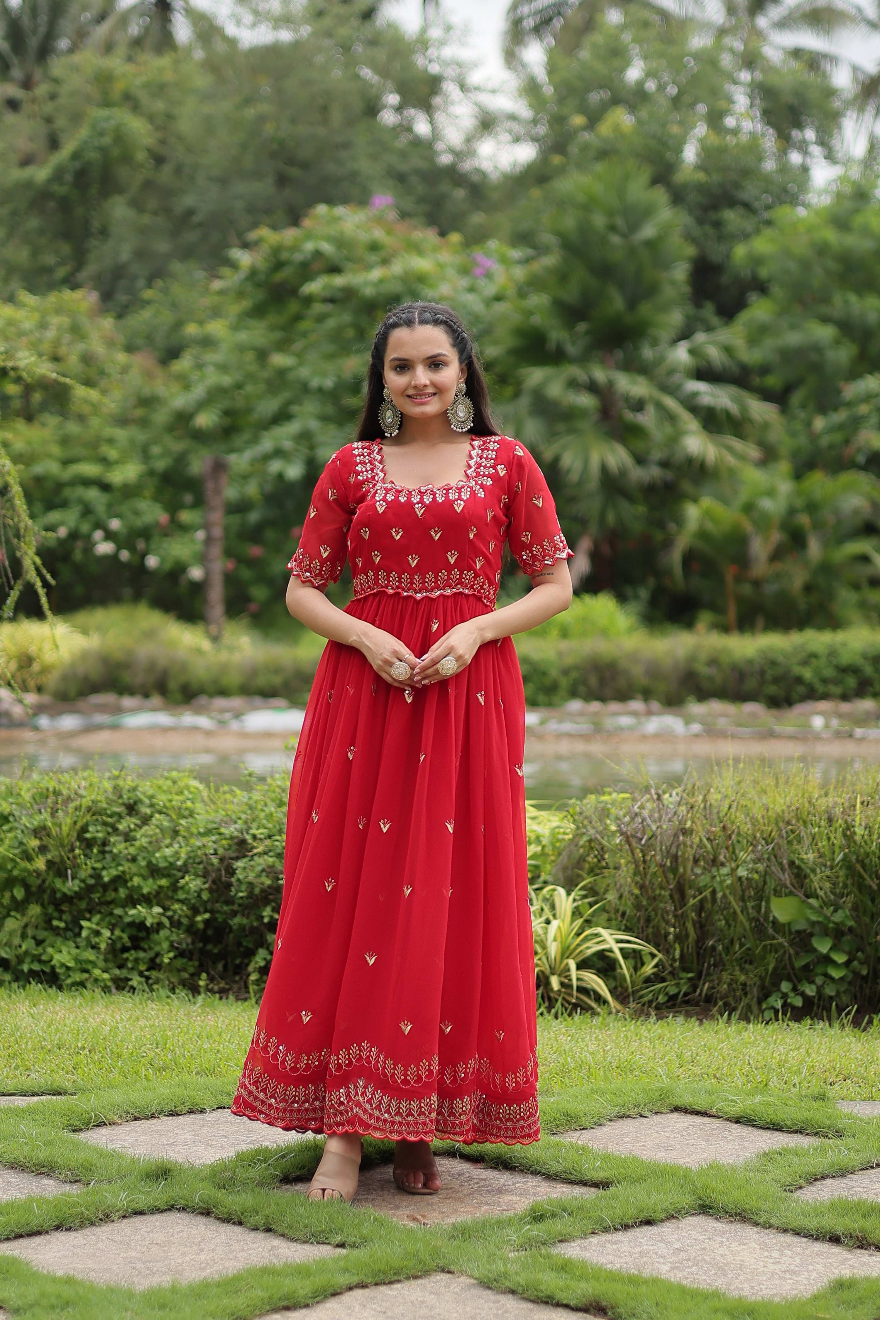 Teeya Creation Red Color Faux Georgette Embroidery Work Fully Stitched Kurti