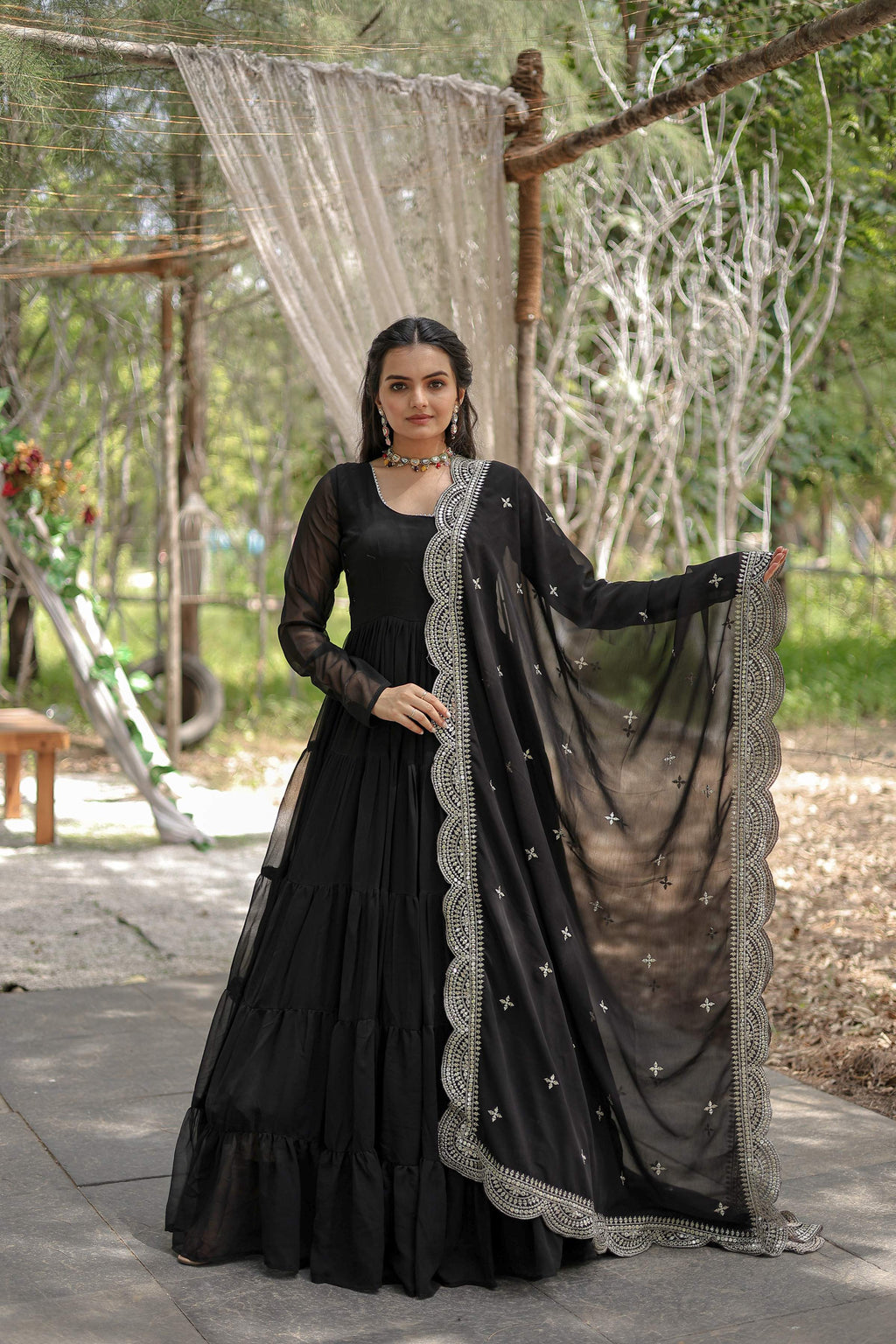 Teeya Creation Black Color Faux Georgette Heavy Embroidery Work Dupatta Fully Stitched Gown