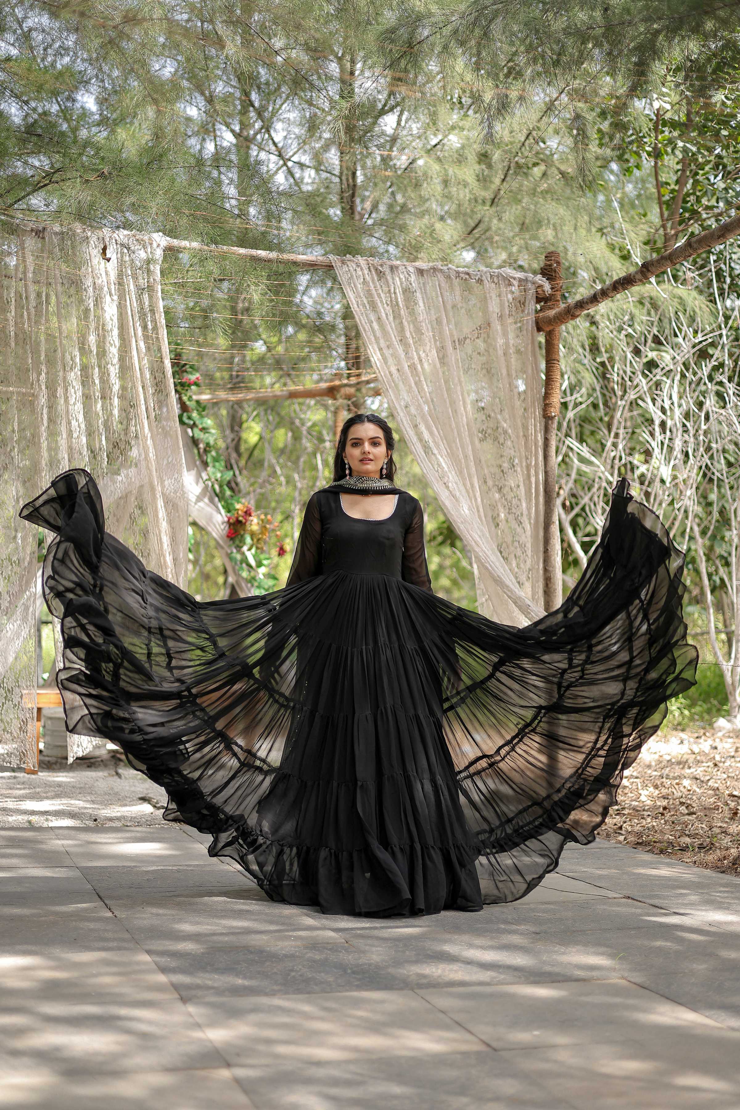 Teeya Creation Black Color Faux Georgette Heavy Embroidery Work Dupatta Fully Stitched Gown