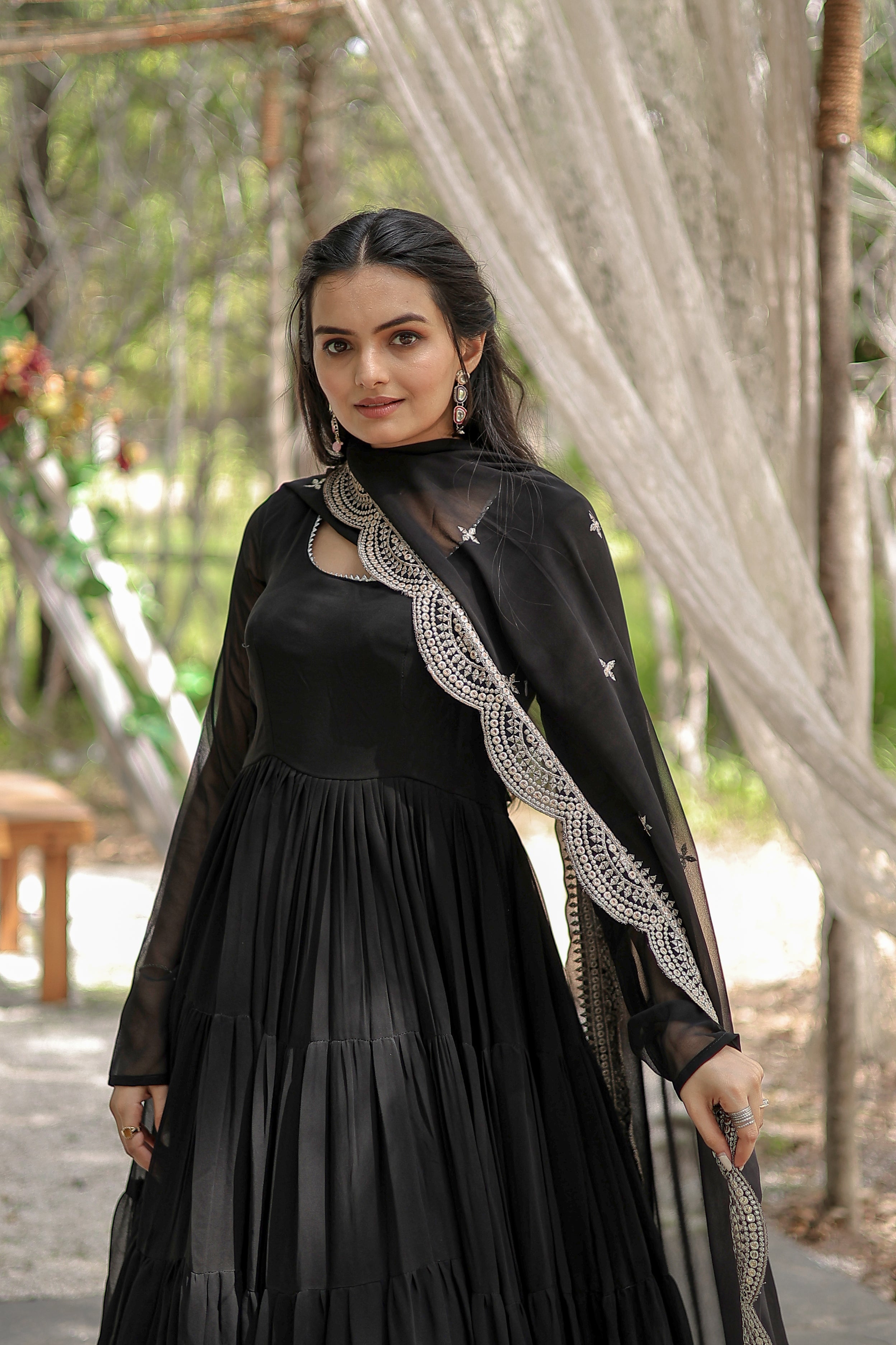 Teeya Creation Black Color Faux Georgette Heavy Embroidery Work Dupatta Fully Stitched Gown