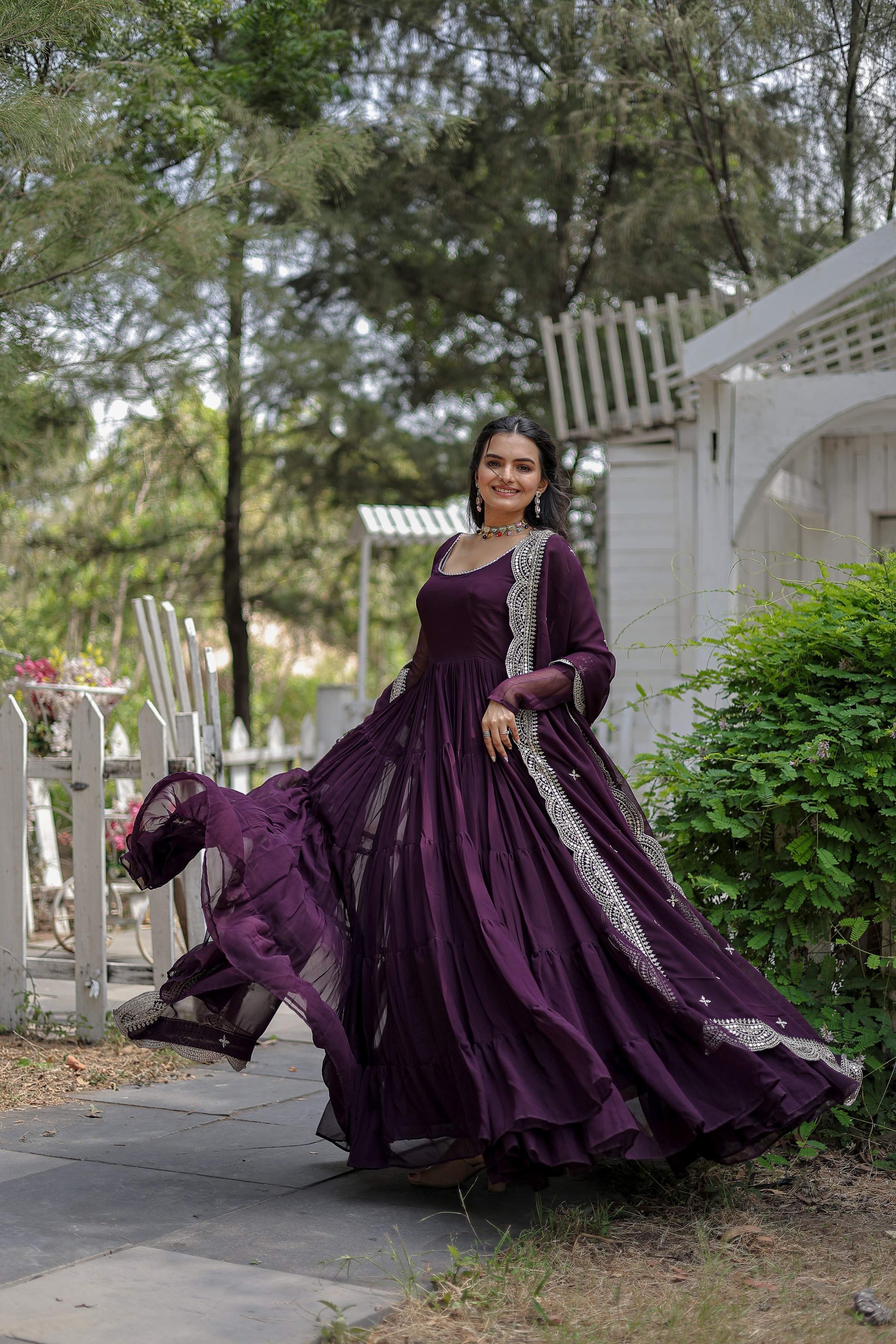 Teeya Creation Wine Color Faux Georgette Heavy Embroidery Work Dupatta Fully Stitched Gown