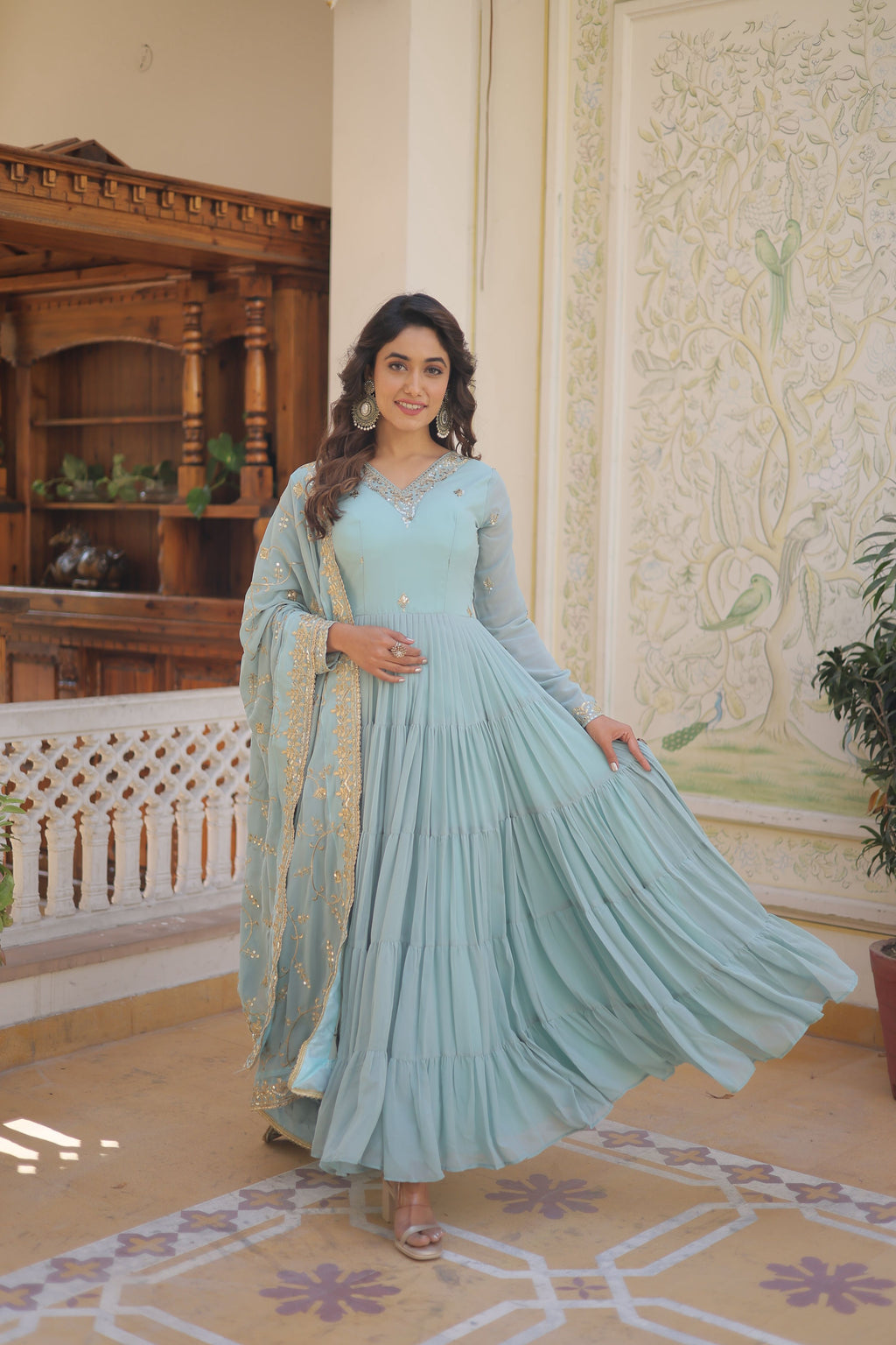 Teeya Creation Sky Color Faux Georgette Heavy Work Fully Stitched Gown