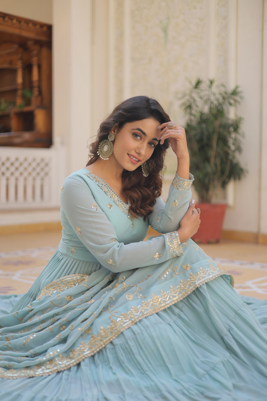 Teeya Creation Sky Color Faux Georgette Heavy Work Fully Stitched Gown