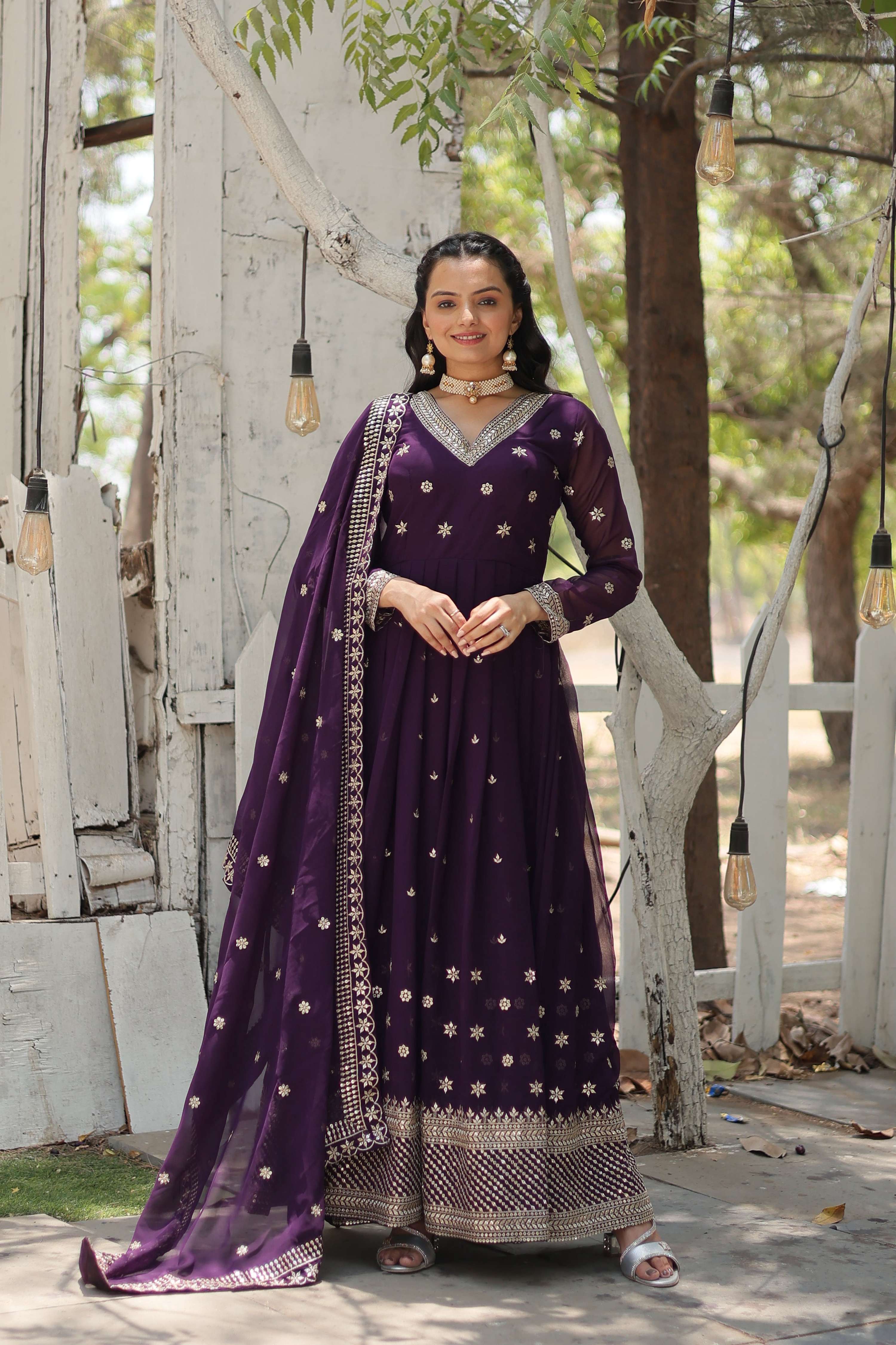 Teeya Creation Purple Color Faux Georgette Heavy Work Fully Stitched Gown