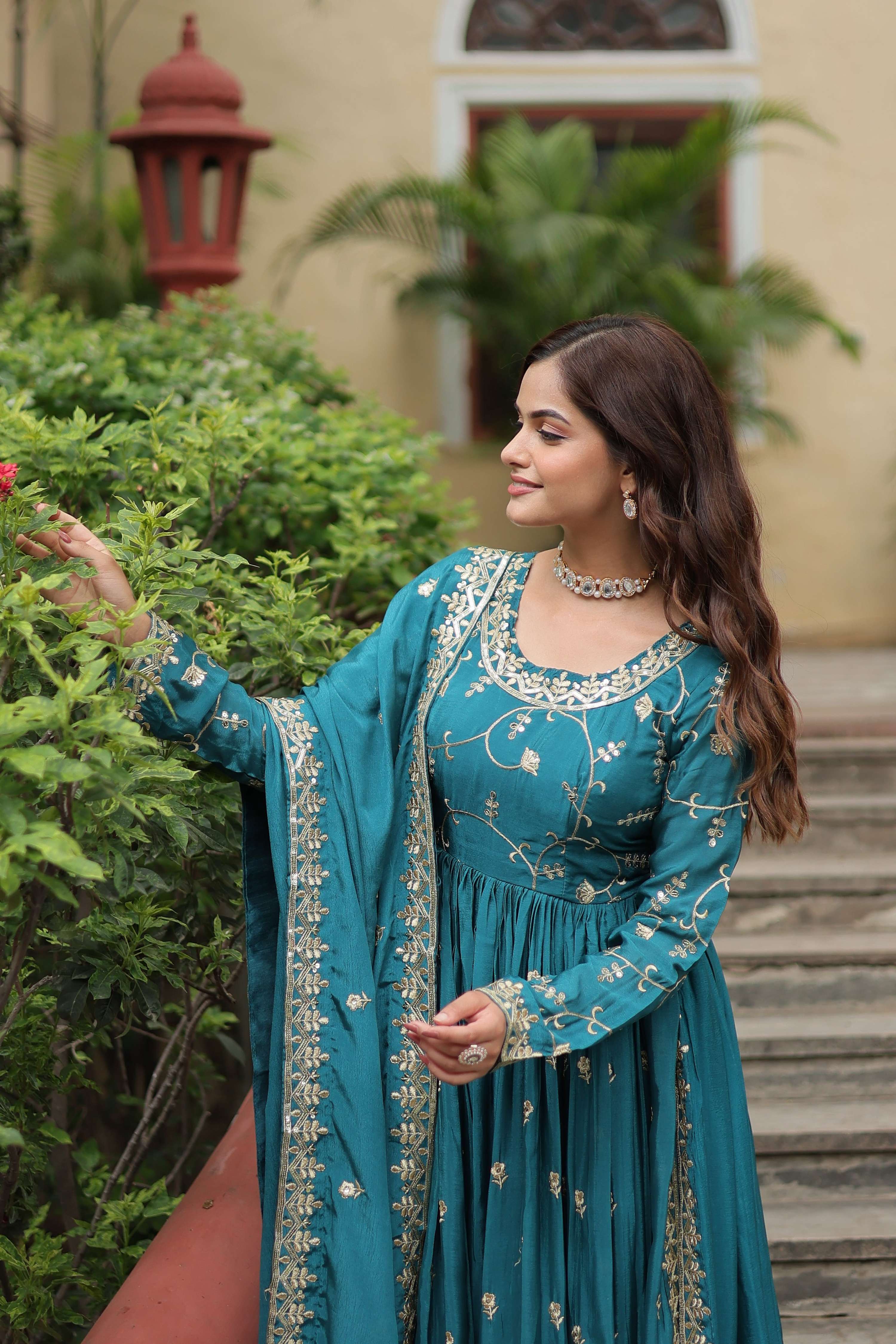 Teeya Creation Rama Color Chinon Silk Embroidery Work Fully Stitched Plazo With Anrkaly Gown
