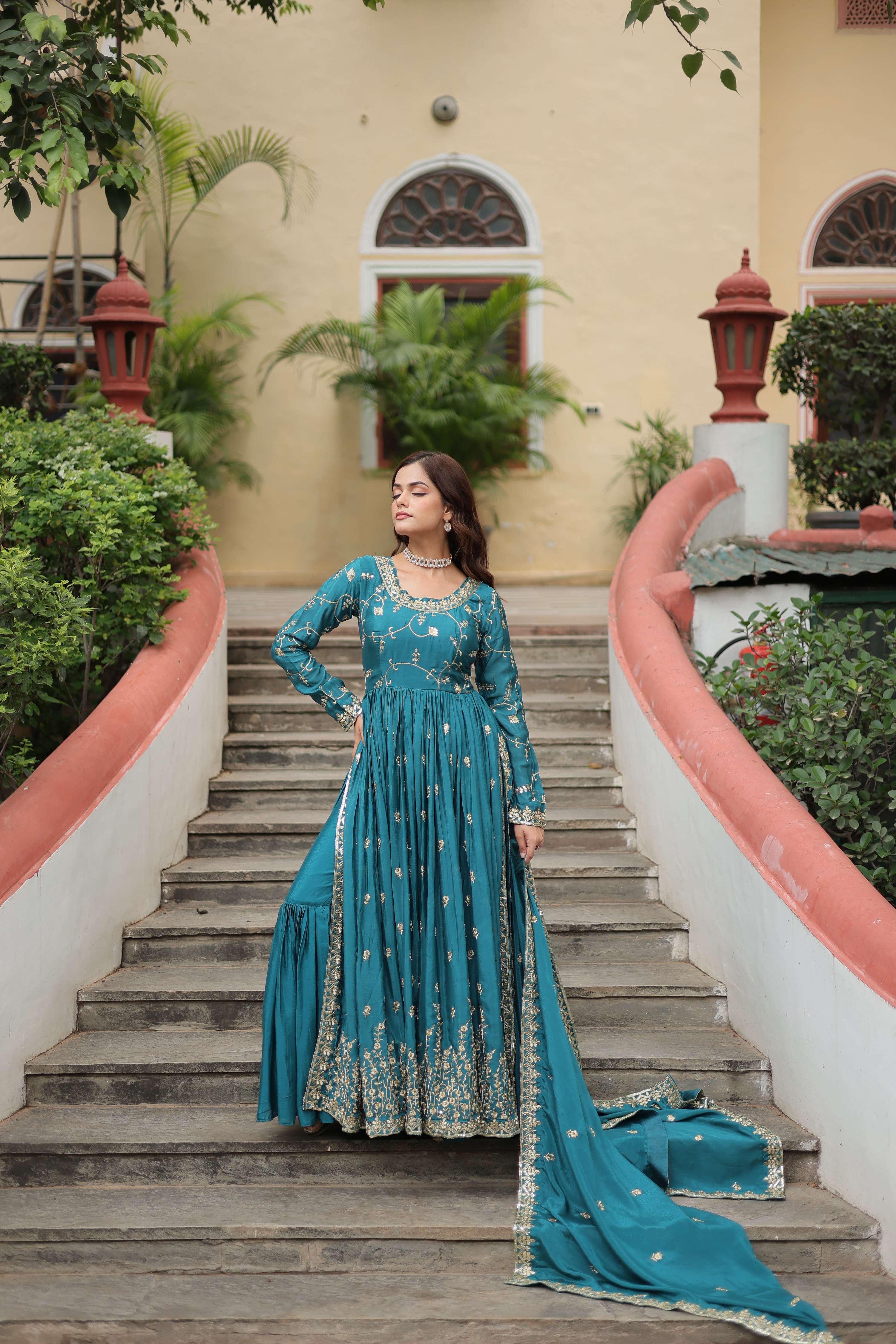 Teeya Creation Rama Color Chinon Silk Embroidery Work Fully Stitched Plazo With Anrkaly Gown
