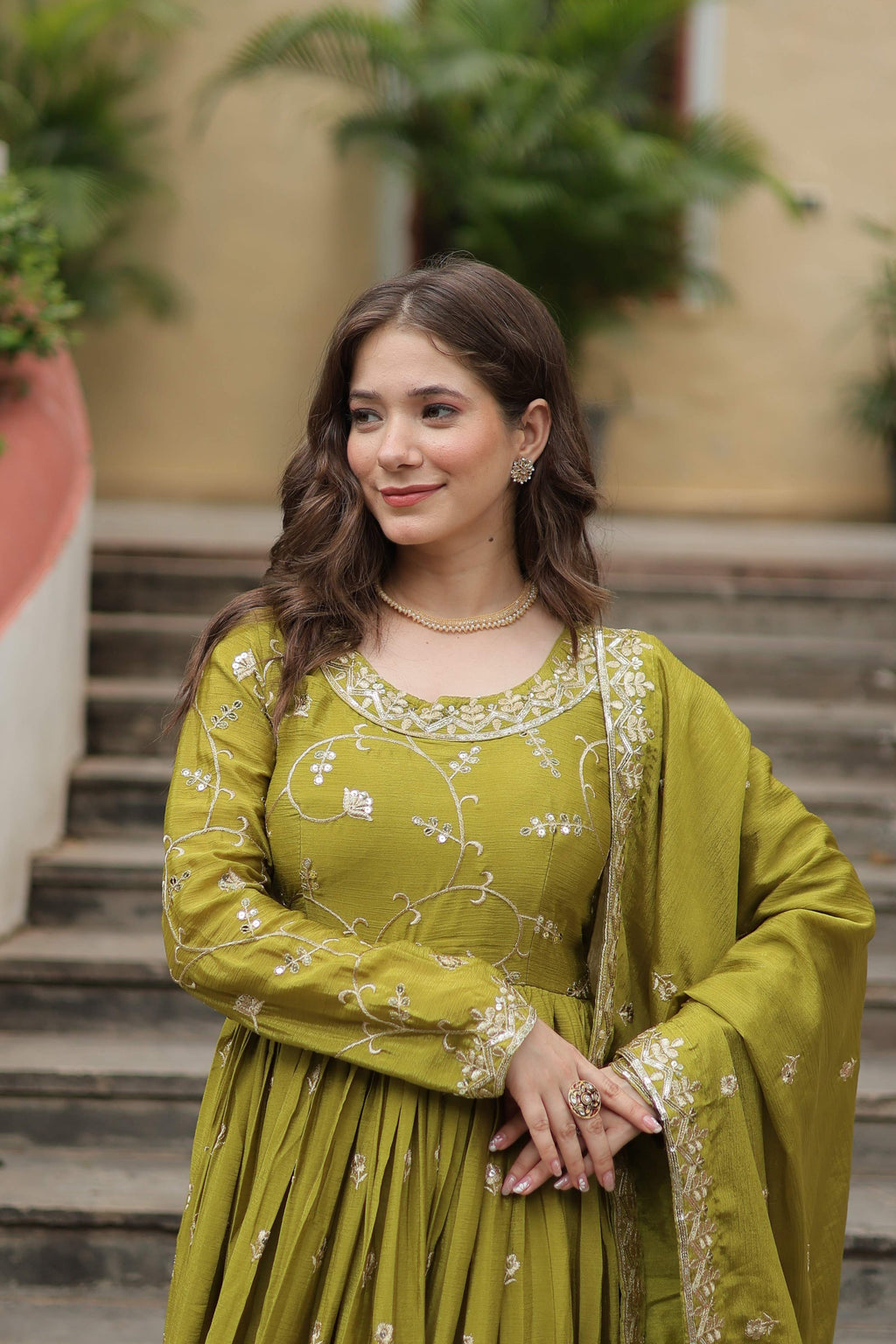 Teeya Creation Parrot Color Chinon Silk Embroidery Work Fully Stitched Plazo With Anrkaly Gown
