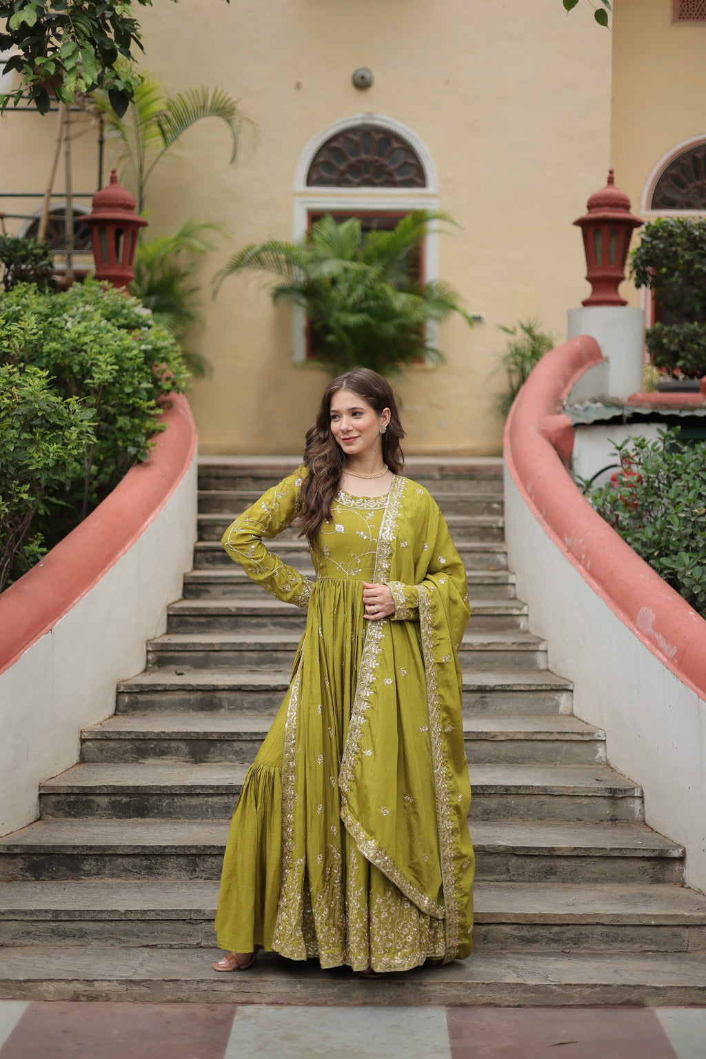Teeya Creation Parrot Color Chinon Silk Embroidery Work Fully Stitched Plazo With Anrkaly Gown