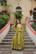 Teeya Creation Parrot Color Chinon Silk Embroidery Work Fully Stitched Plazo With Anrkaly Gown