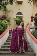 Teeya Creation Wine Color Chinon Silk Embroidery Work Fully Stitched Plazo With Anrkaly Gown