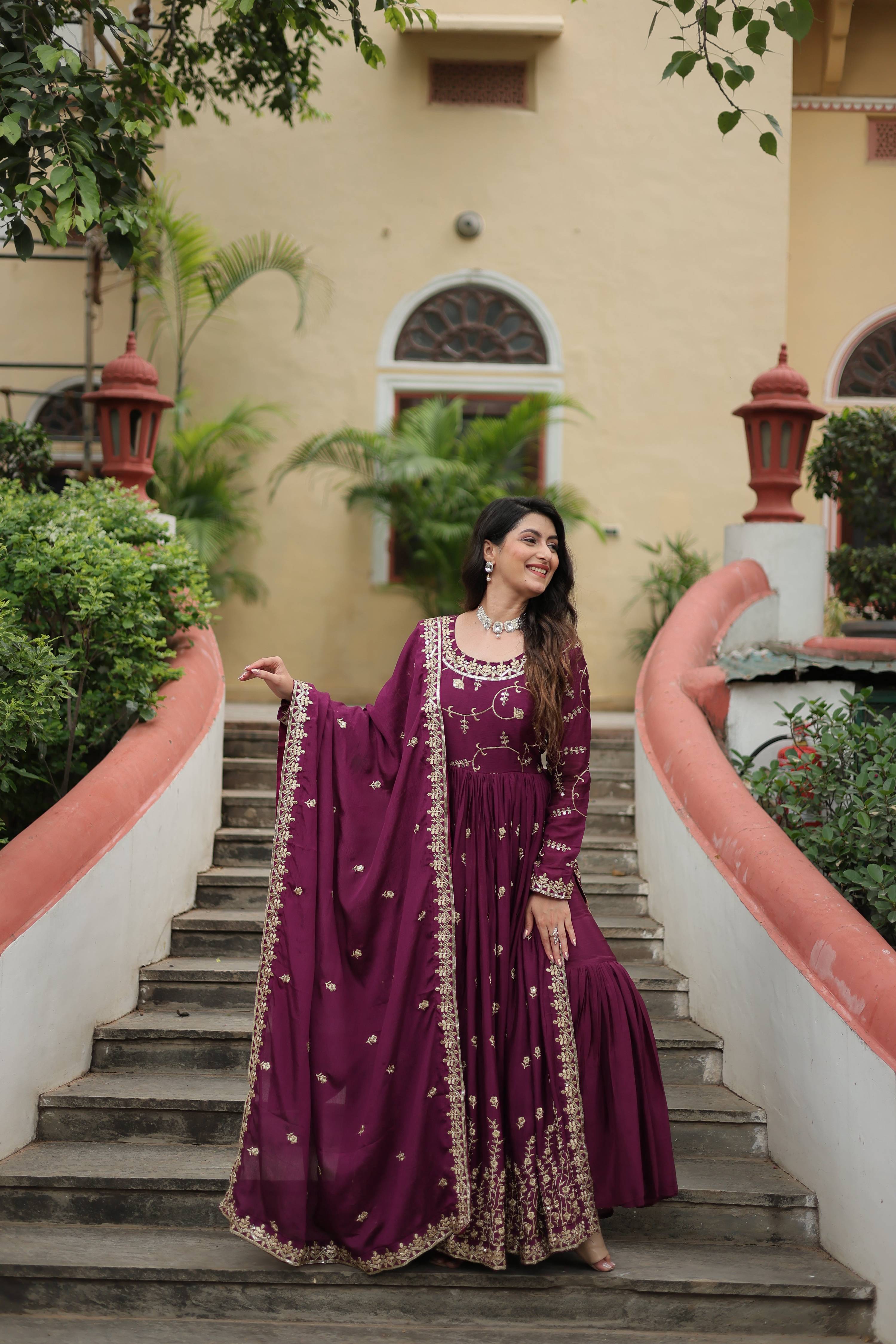 Teeya Creation Wine Color Chinon Silk Embroidery Work Fully Stitched Plazo With Anrkaly Gown