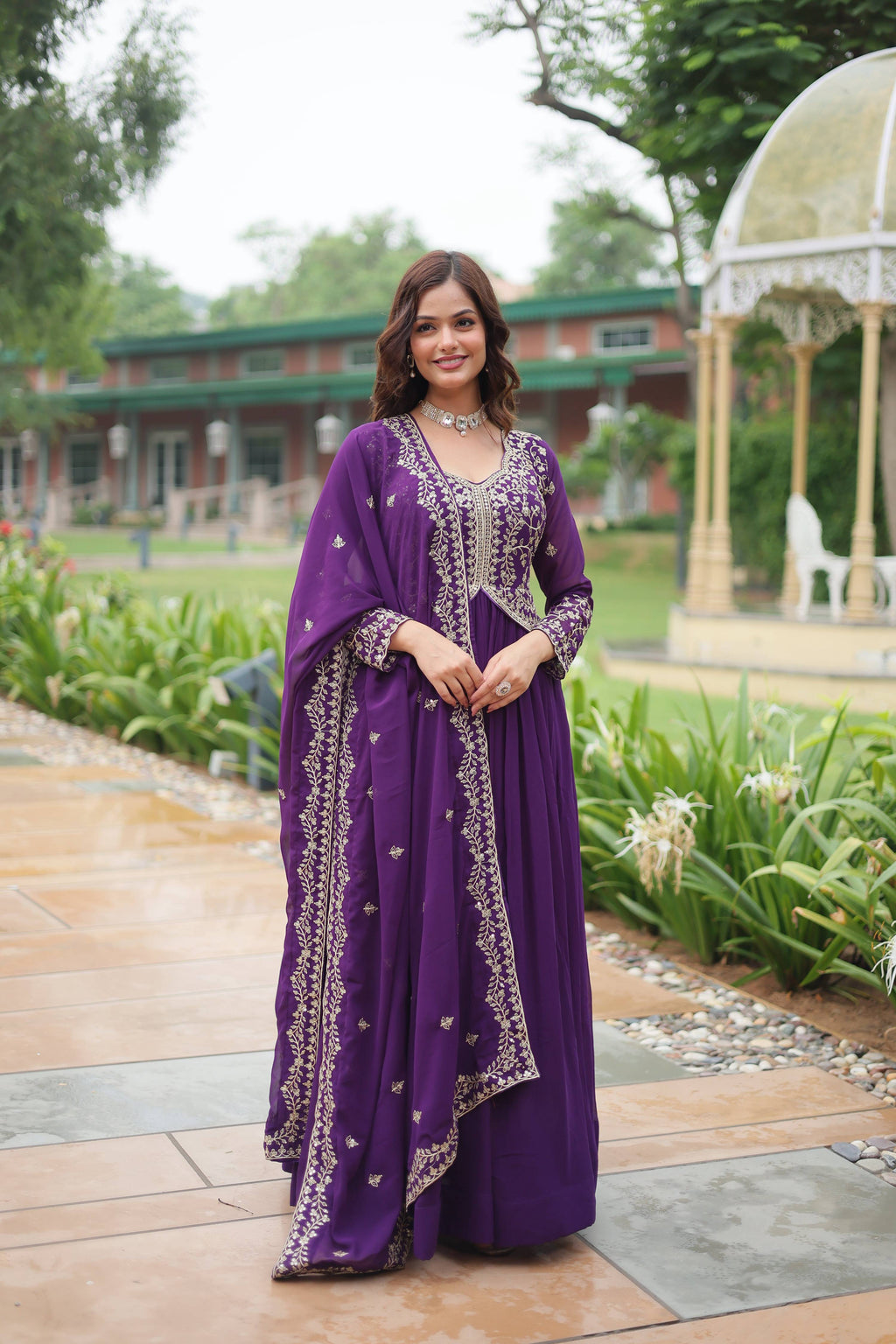 Teeya Creation Purple Color Faux Georgette Heavy Embroidery Work Dupatta Fully Stitched Gown