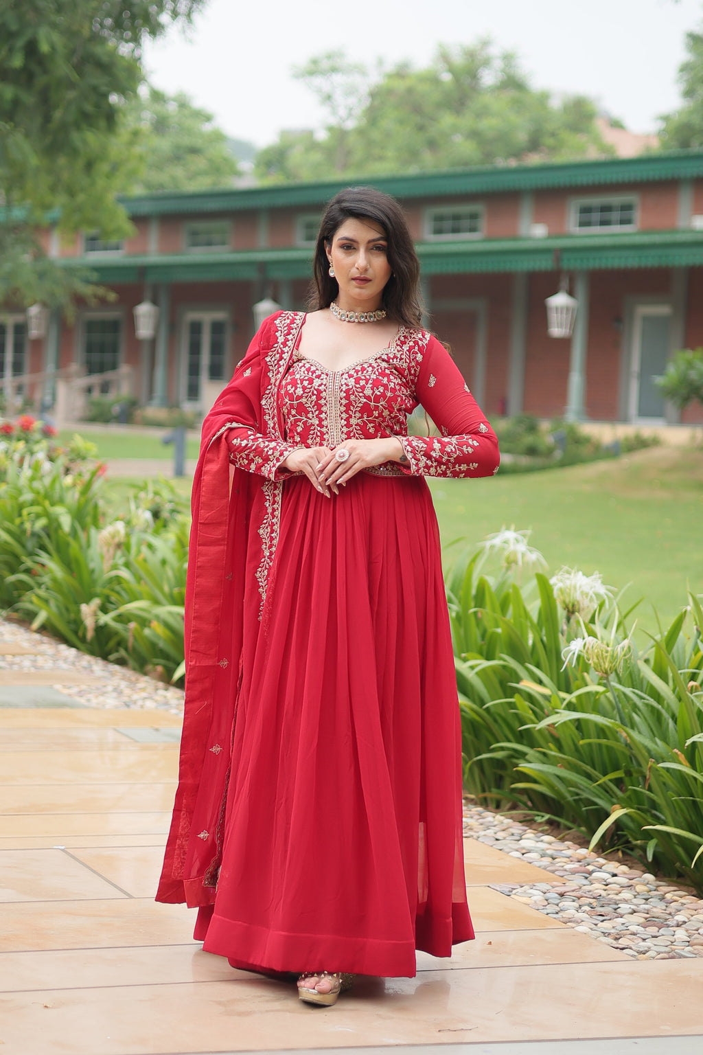Teeya Creation Red Color Faux Georgette Heavy Embroidery Work Dupatta Fully Stitched Gown