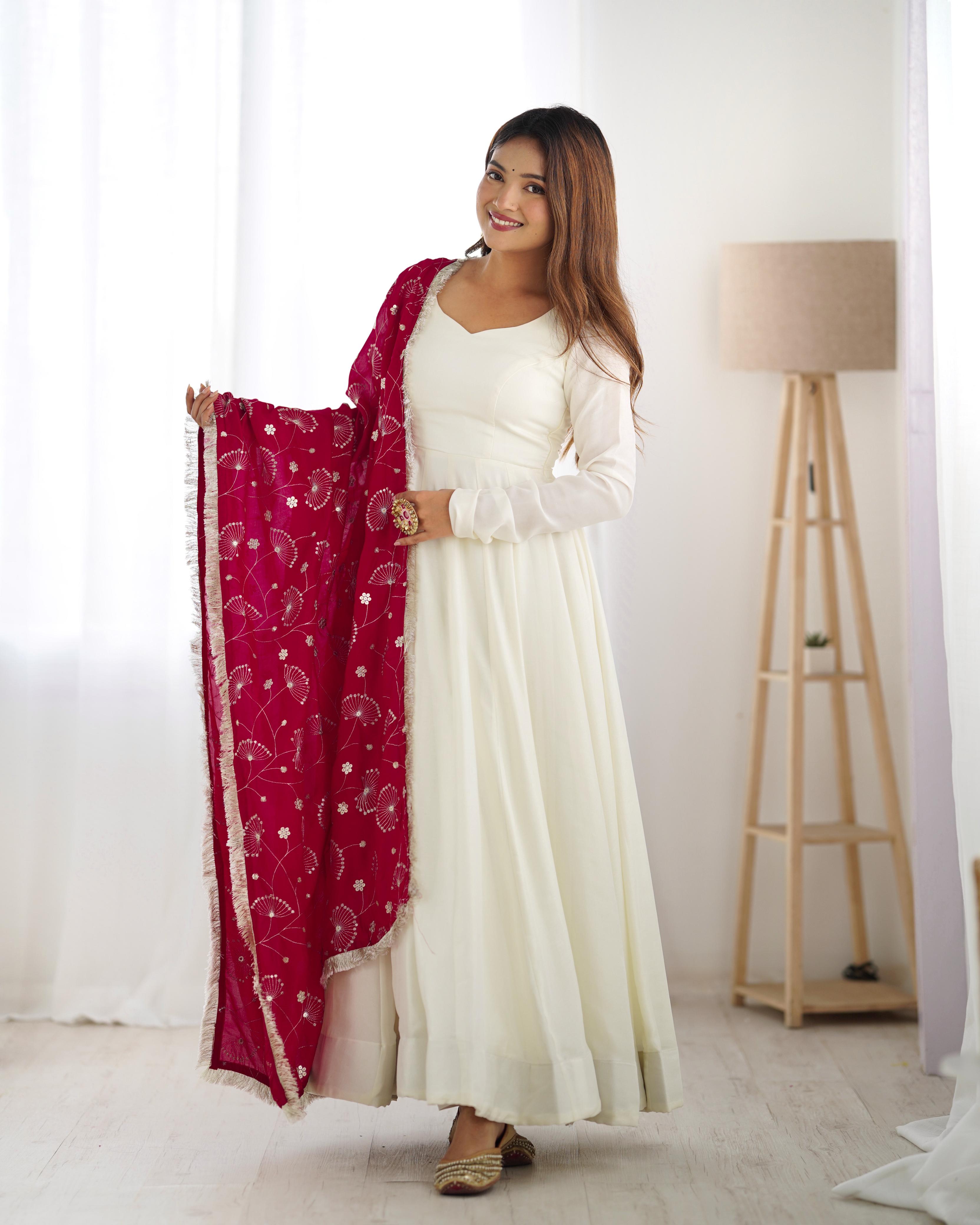 Teeya Creation Off White Color Vichitra Silk Fully Stitched Anarkali Gown