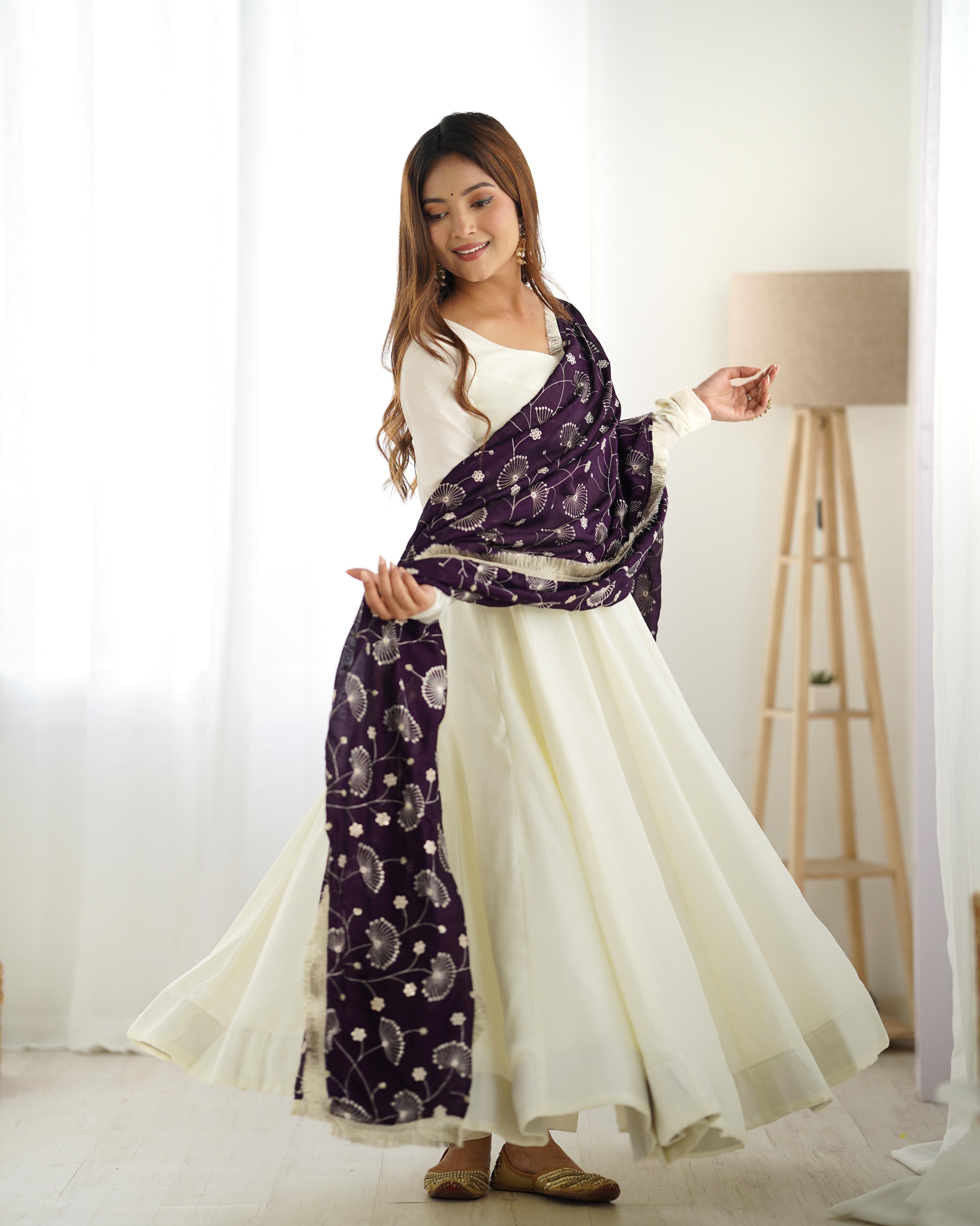 Teeya Creation Off White Color Vichitra Silk Fully Stitched Anarkali Gown