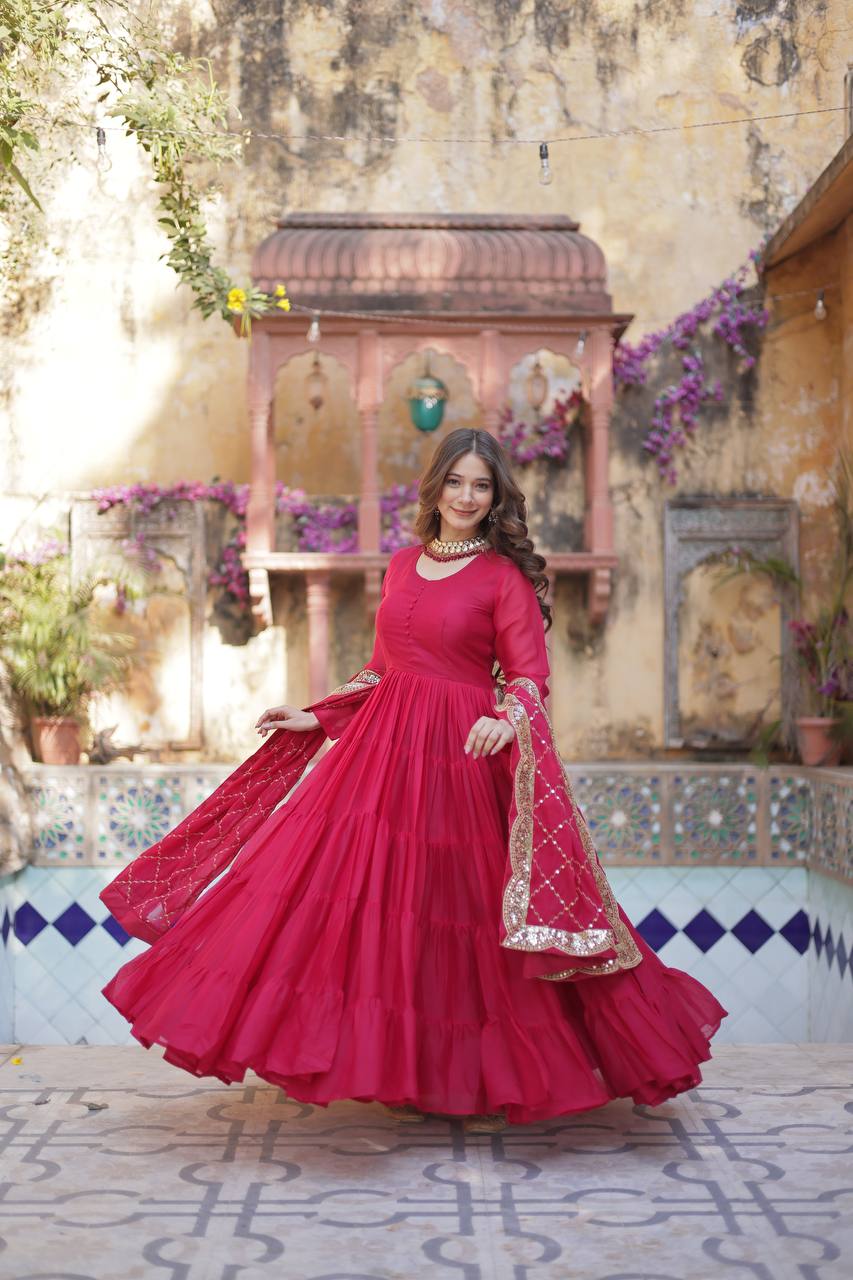 Teeya Creation Pink Color Star Georgette 15 Meter Flari Fully Stitched Gown
