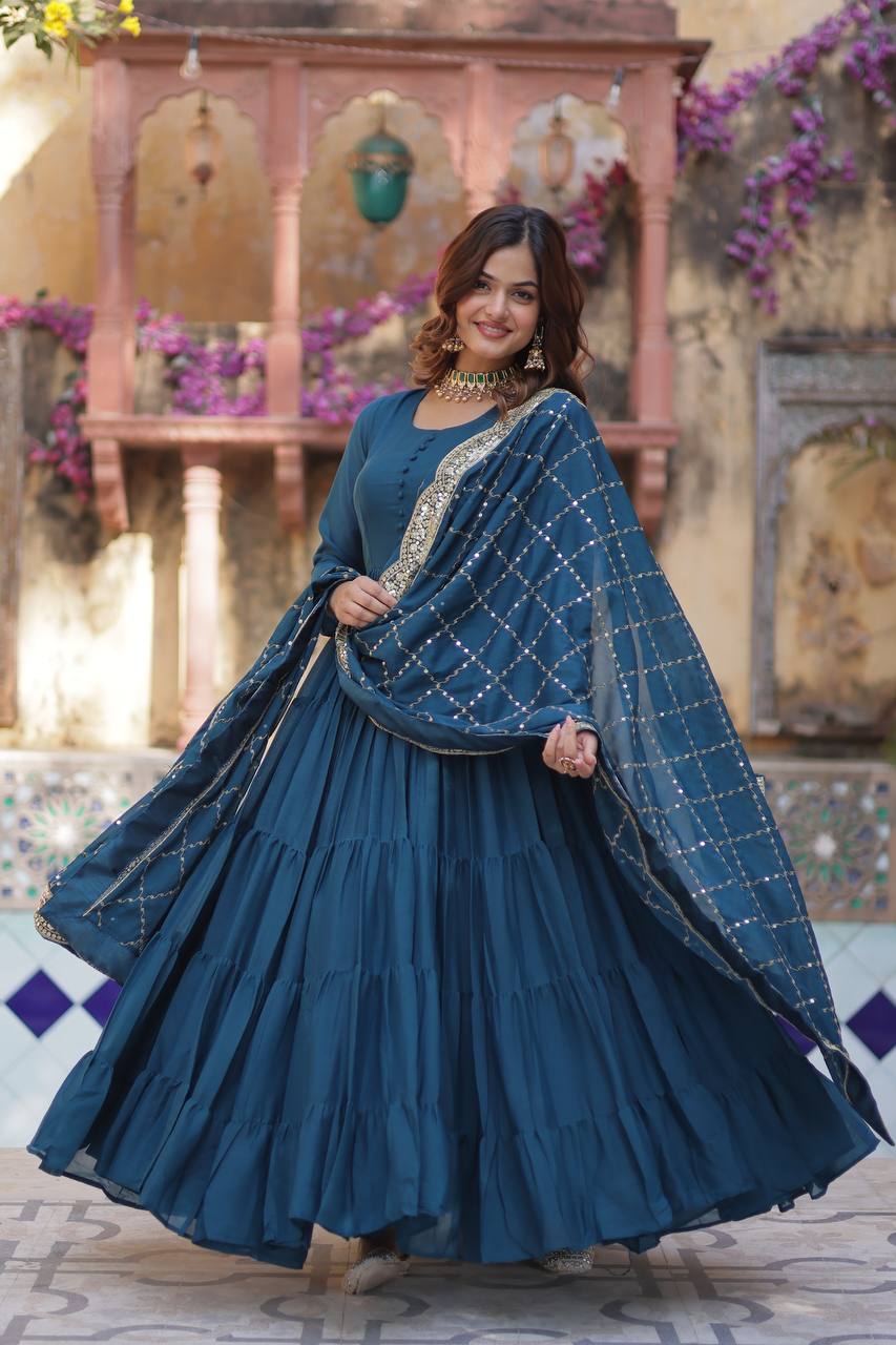 Teeya Creation Teal Color Star Georgette 15 Meter Flari Fully Stitched Gown