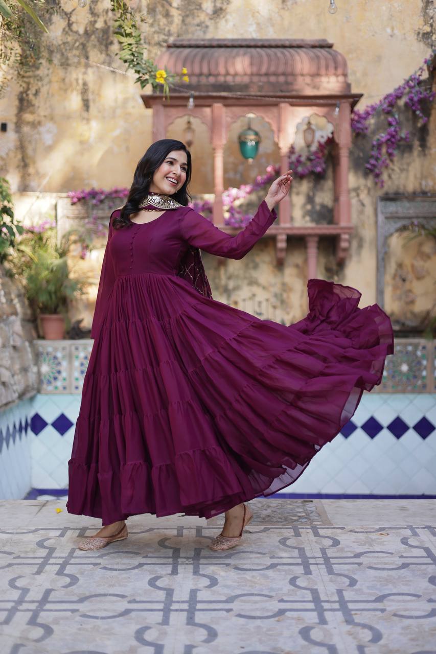 Teeya Creation Wine Color Star Georgette 15 Meter Flari Fully Stitched Gown