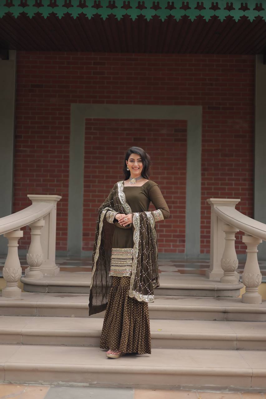 Teeya Creation Mehndi Color Faux Georgette Heavy Embroidery Work Fully stitched gharara set