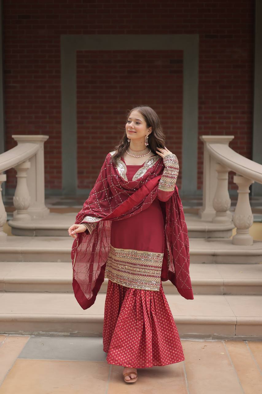 Teeya Creation Maroon Color Faux Georgette Heavy Embroidery Work Fully stitched gharara set