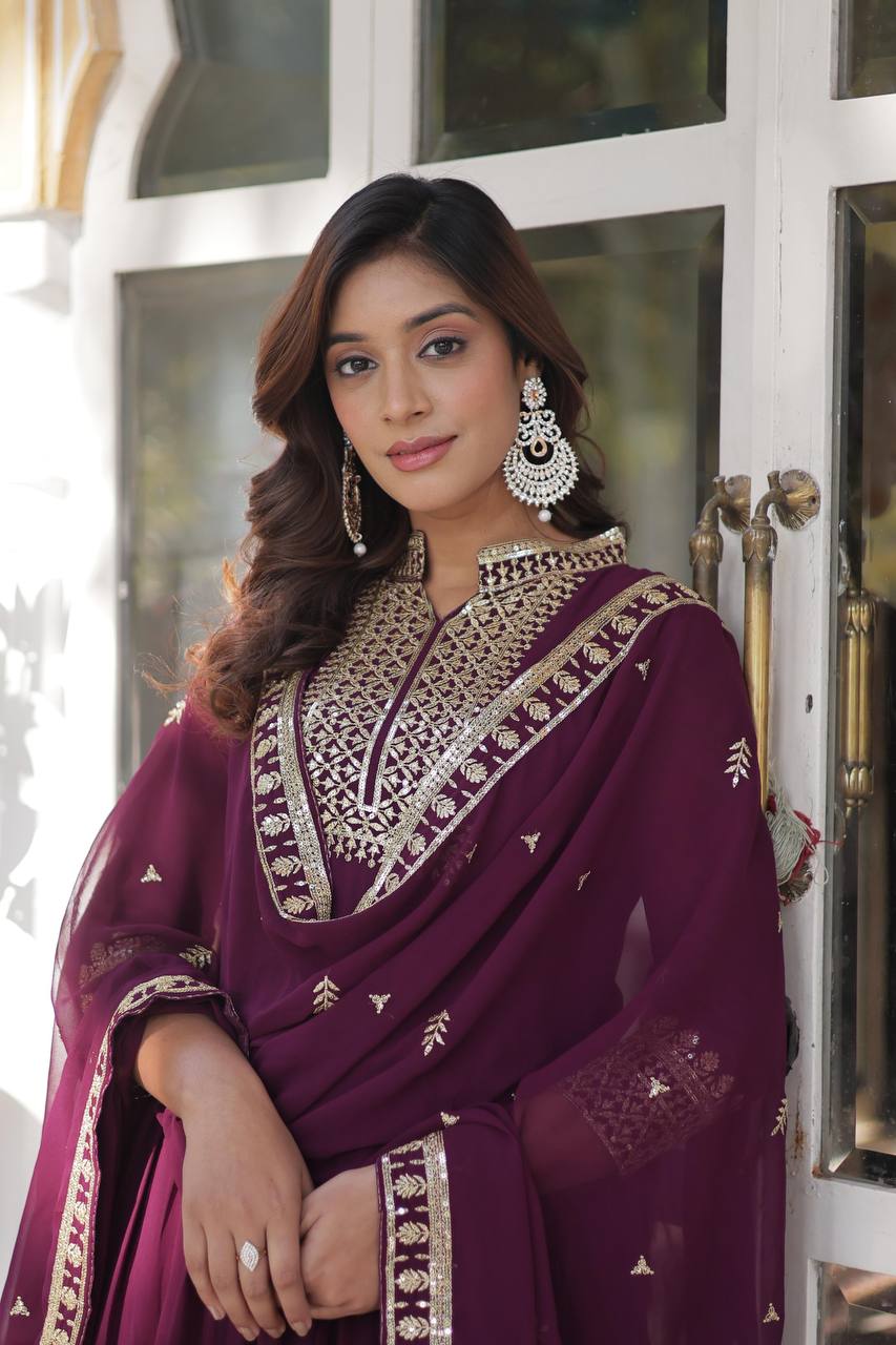 Teeya Creation Wine Color Faux georgette Heavy Embroidery Work Fully Stitched Gown