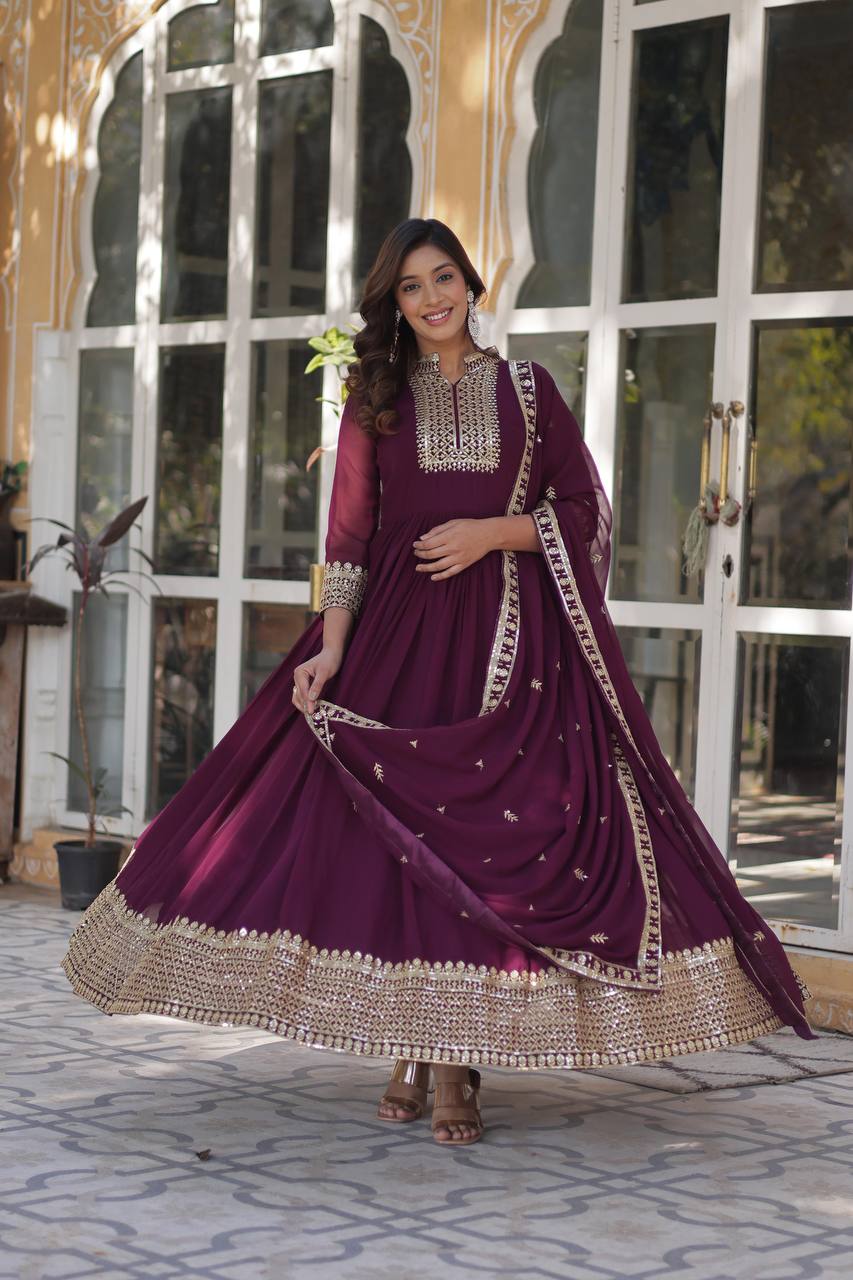 Teeya Creation Wine Color Faux georgette Heavy Embroidery Work Fully Stitched Gown