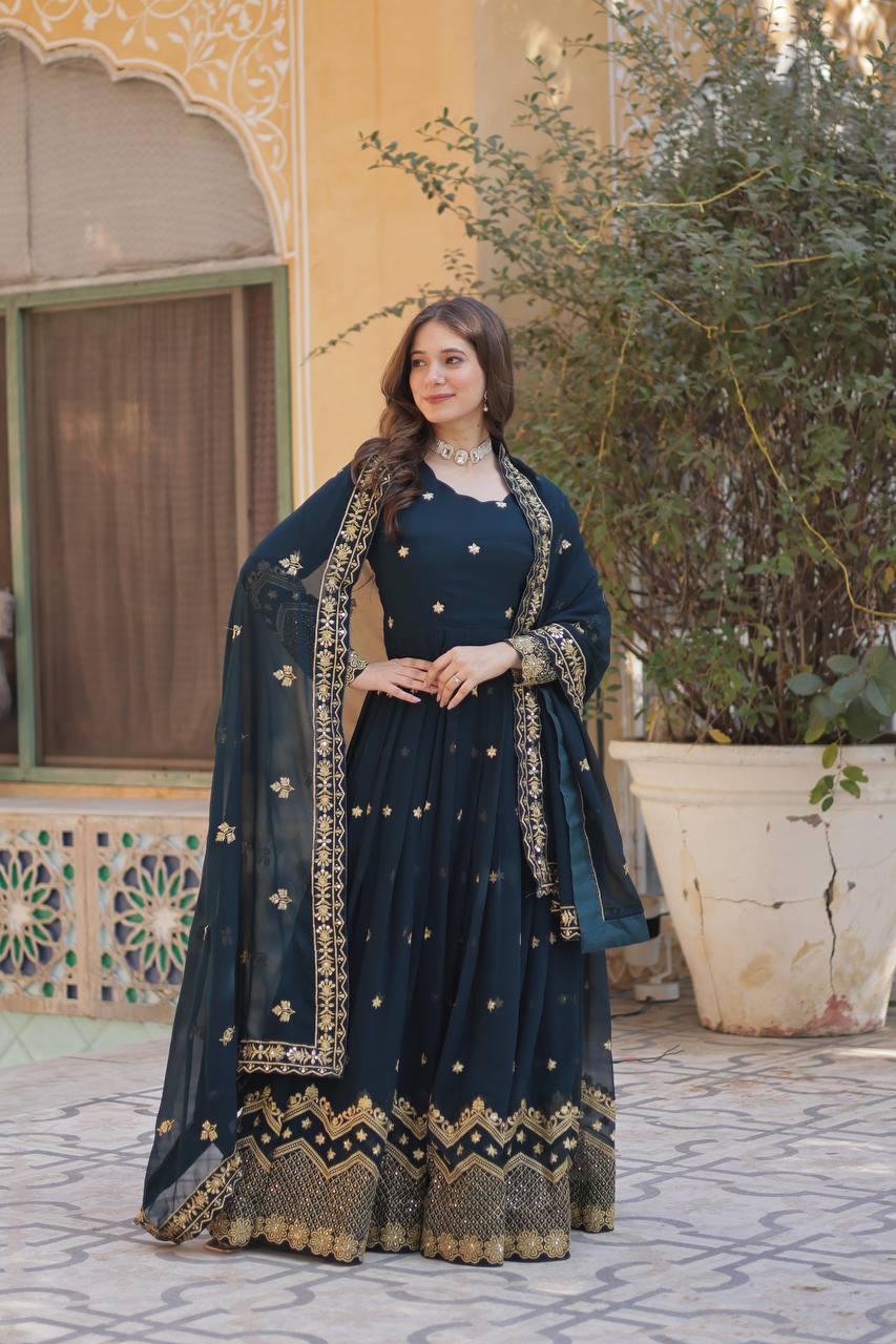 Teeya Creation Morpich Color Faux Georgette Heavy Work Fully Stitched Anarkali Gown