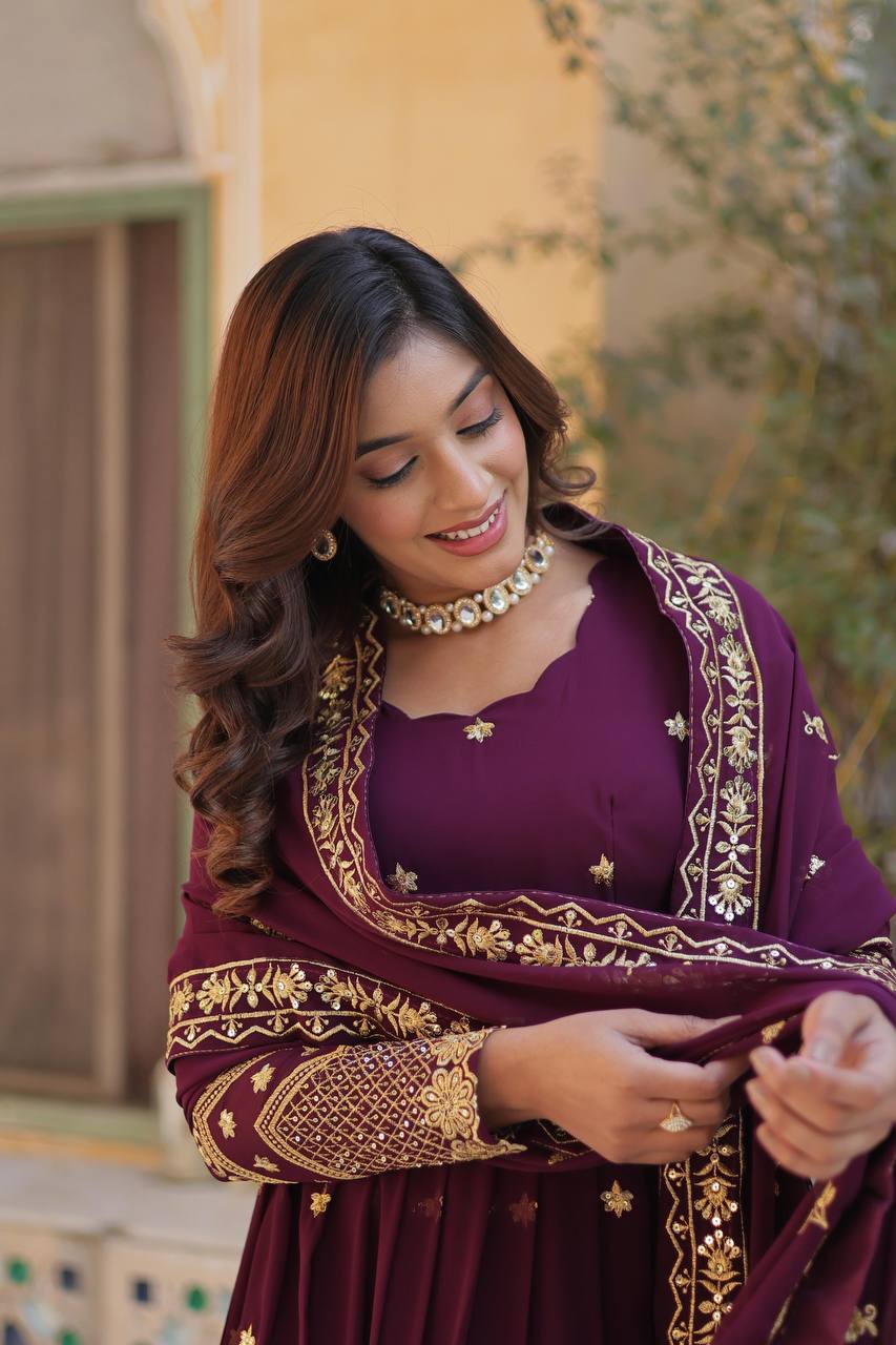 Teeya Creation Wine Color Faux Georgette Heavy Work Fully Stitched Anarkali Gown