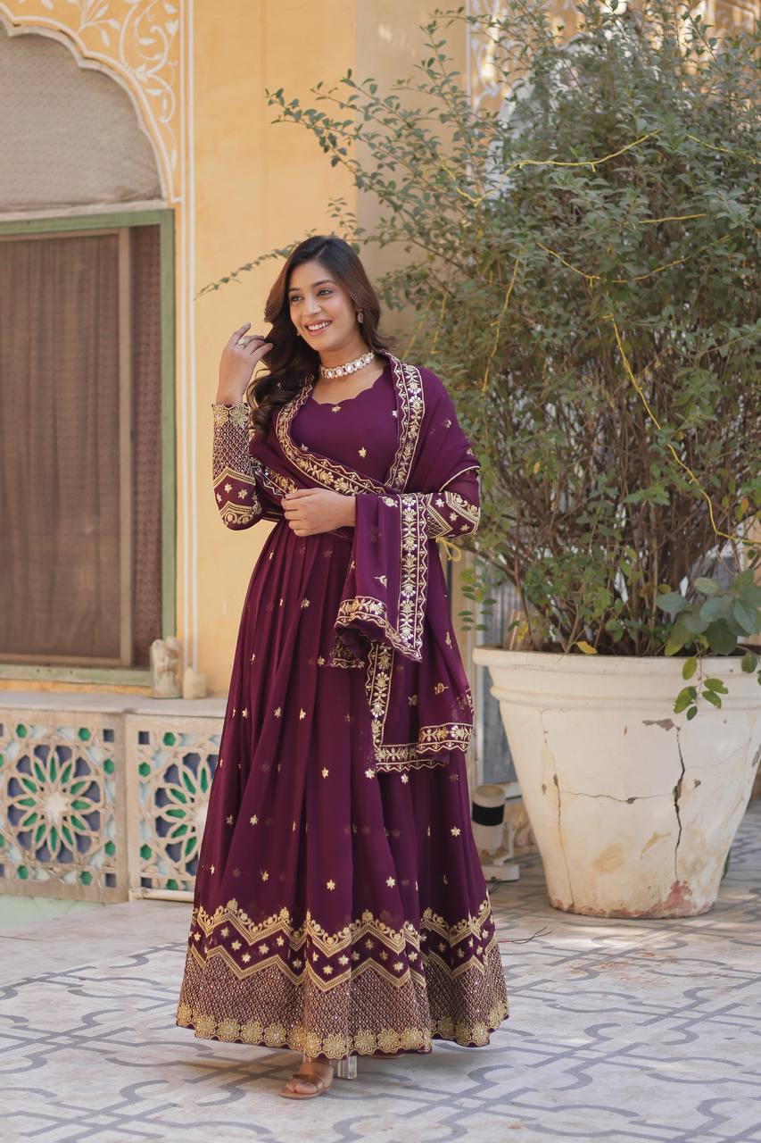 Teeya Creation Wine Color Faux Georgette Heavy Work Fully Stitched Anarkali Gown