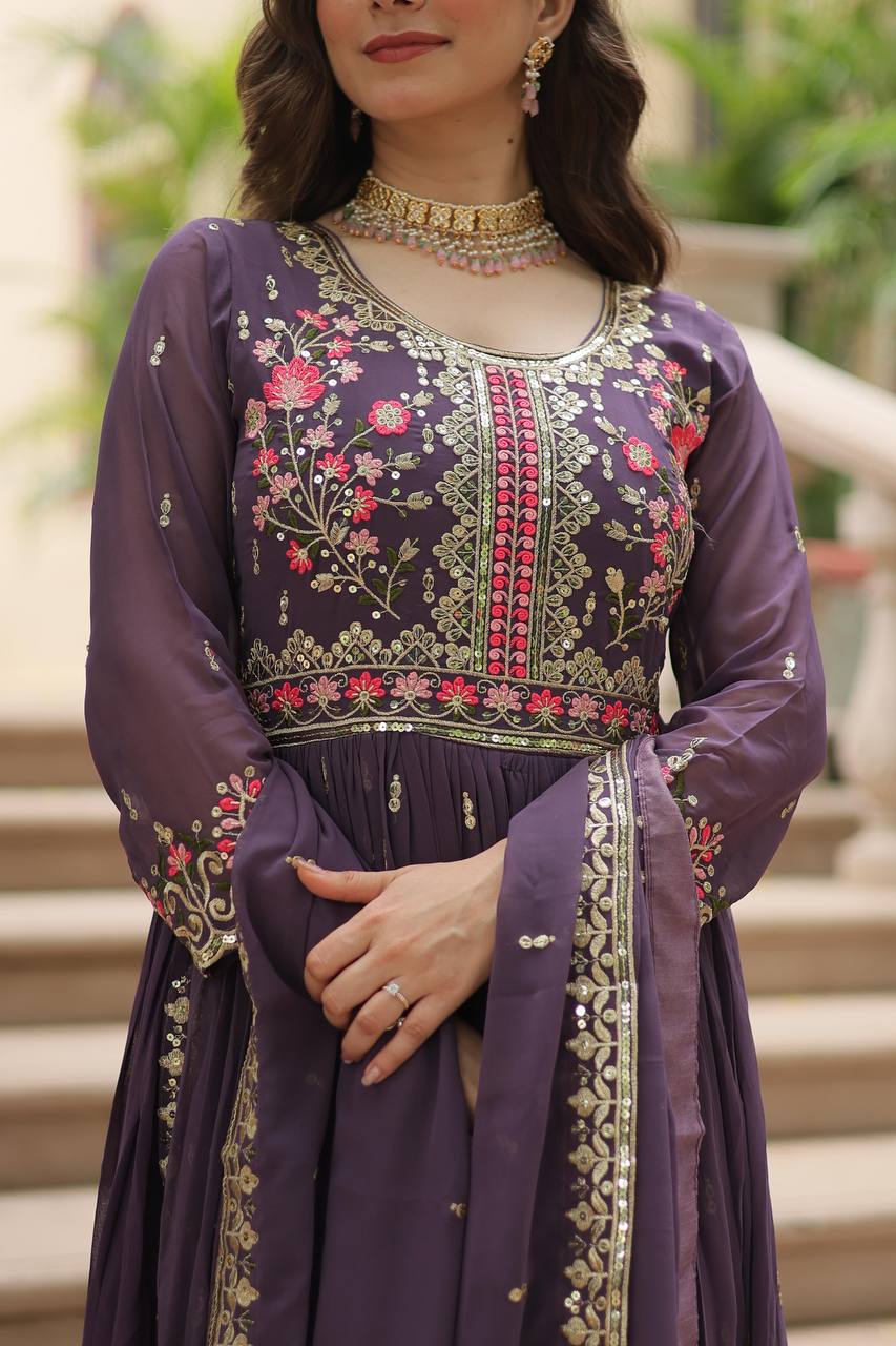 Teeya Creation Plum Color Faux Georgette Heavy Work Fully Stitched Sharara Set