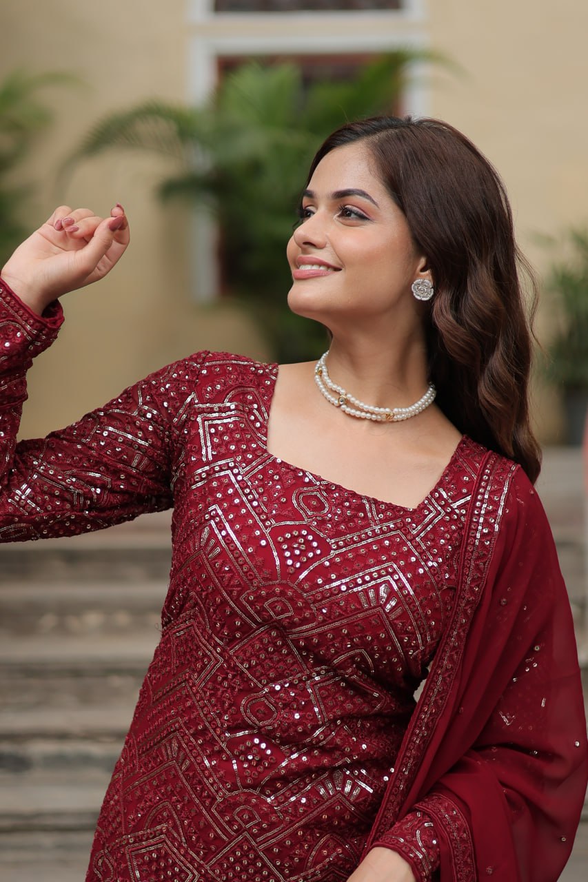Teeya Creation Maroon Color Faux Georgette Heavy Embroidery Work Fully stitched Sharara set