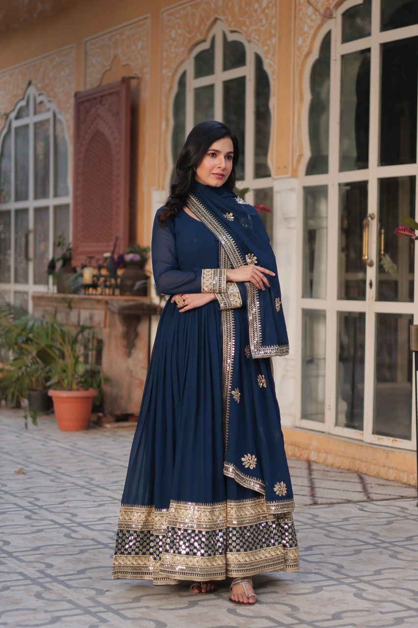 Teeya Creation Blue Color Faux Georgette Heavy Embroidery Work Fully Stitched Gown