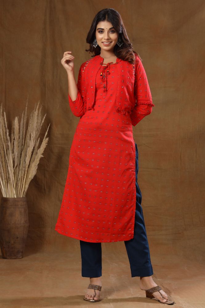 Kaajh Red Printed Jacket Kurta Pant Set For Women