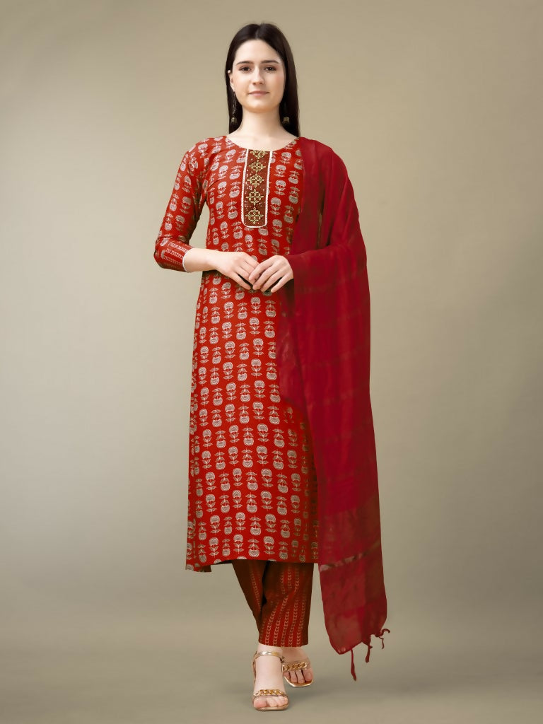 Jyoti Fashion Women's Maroon Rayon Embroidery & Sequence work Kurta with Trouser & Dupatta
