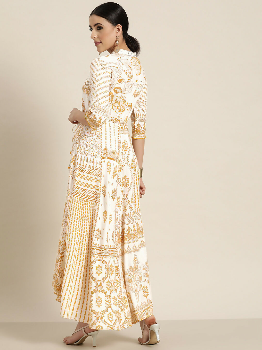 Juniper Mustard Printed Rayon Lacy Maxi Dress With Mirror Embroidered Neckline & Tassels At Waist