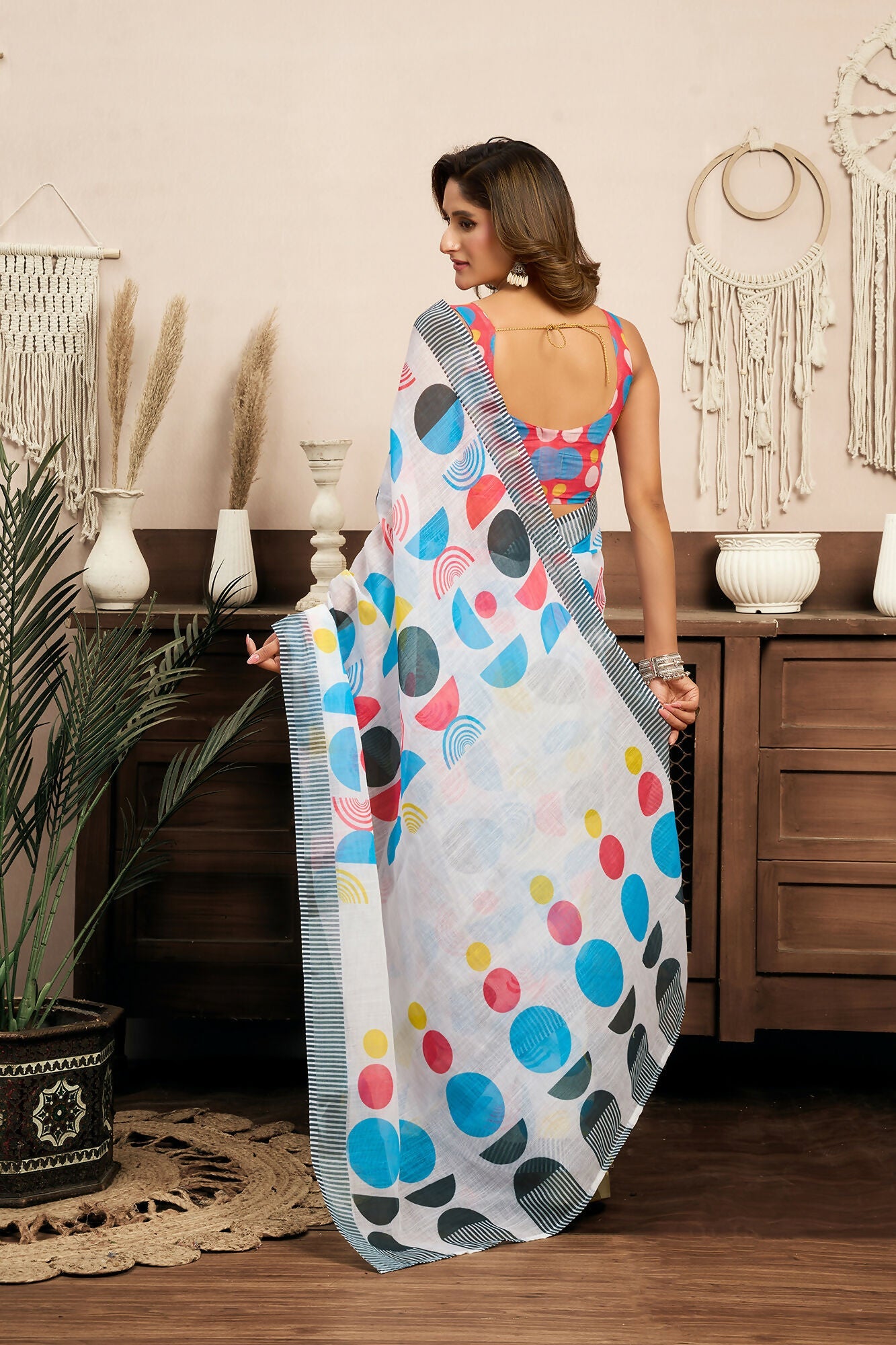 Vastranavya Multicolor Digital Printed Linen Ready To Wear Designer Saree with Unstitched Blouse